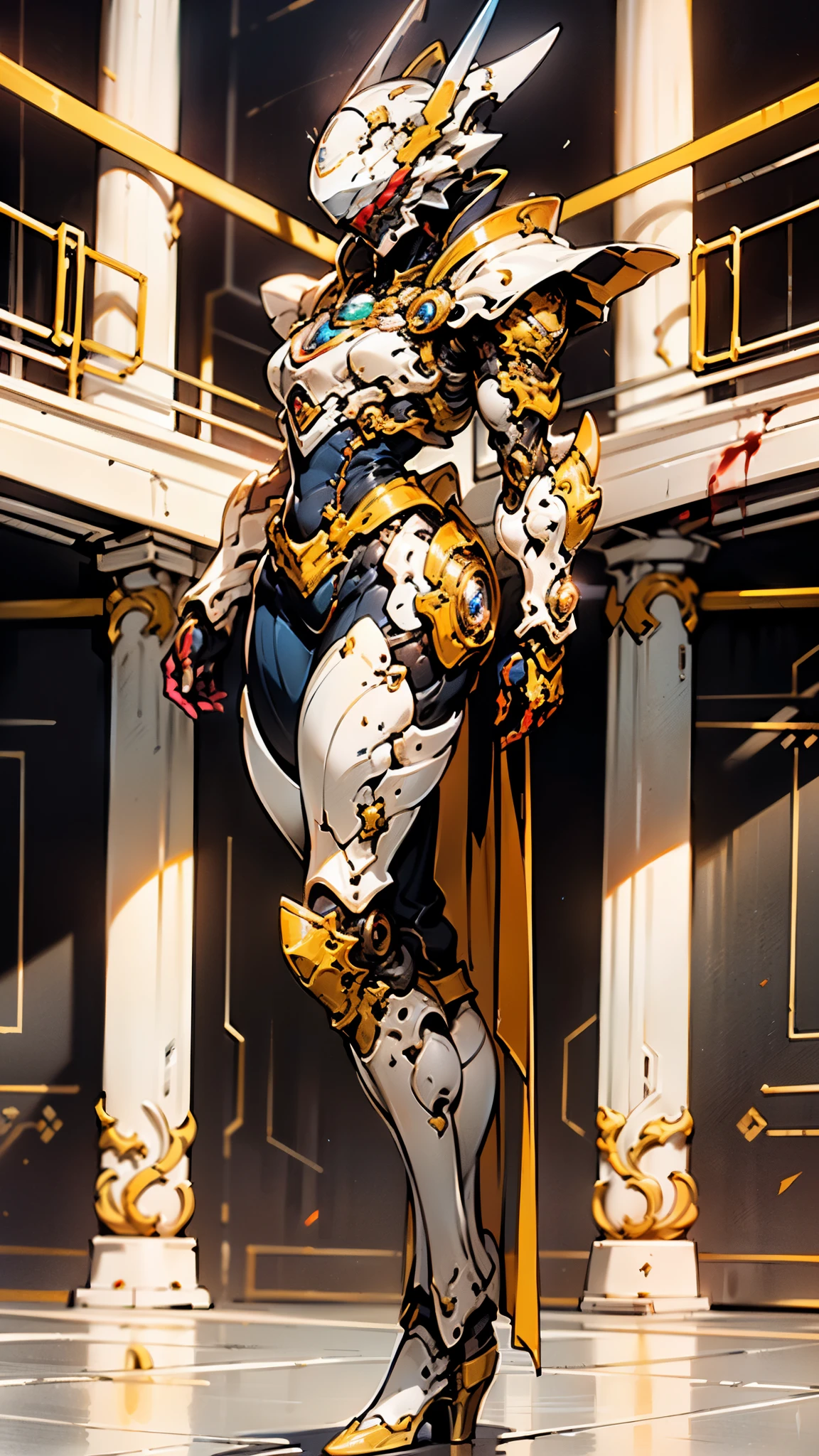A woman adorned in fantasy-style full-body armor, a crown-concept fully enclosed helmet that unveils only her eyes, a composite layered chest plate, fully encompassing shoulder and hand guards, a lightweight waist armor, form-fitting shin guards, the overall design is heavy-duty yet flexible, ((the armor gleams with a golden glow, complemented by red and blue accents)), exhibiting a noble aura, she floats above a fantasy-surreal high-tech city, this character embodies a finely crafted fantasy-surreal style armored hero in anime style, exquisite and mature manga art style, (Queen bee mixed with Spider concept Armor, plasma, blood), ((Element, energy, elegant, goddess, femminine:1.5)), metallic, high definition, best quality, highres, ultra-detailed, ultra-fine painting, extremely delicate, professional, anatomically correct, symmetrical face, extremely detailed eyes and face, high quality eyes, creativity, RAW photo, UHD, 32k, Natural light, cinematic lighting, masterpiece-anatomy-perfect, masterpiece:1.5