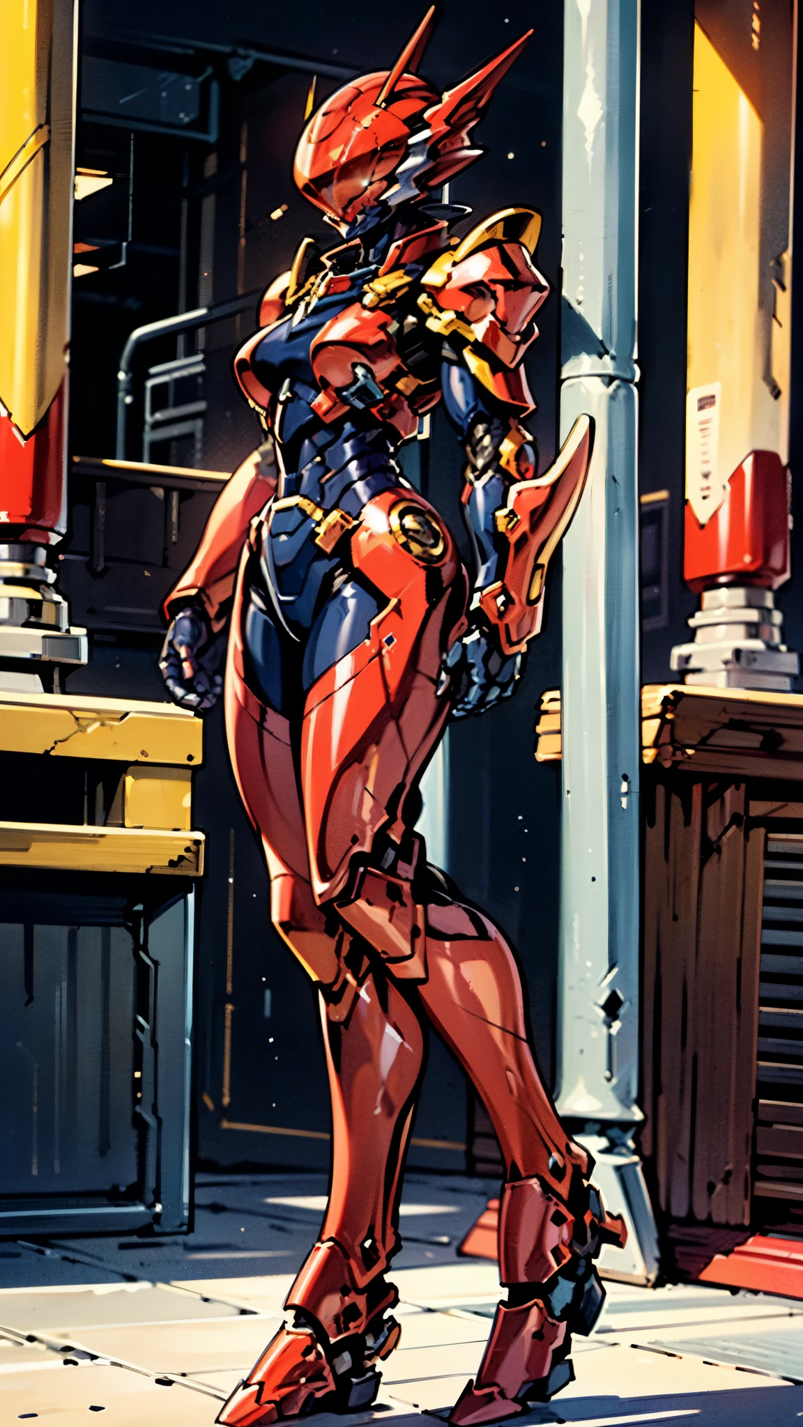 A woman adorned in fantasy-style full-body armor, a crown-concept fully enclosed helmet that unveils only her eyes, a composite layered chest plate, fully encompassing shoulder and hand guards, a lightweight waist armor, form-fitting shin guards, the overall design is heavy-duty yet flexible, ((the armor gleams with a golden glow, complemented by red and blue accents)), exhibiting a noble aura, she floats above a fantasy-surreal high-tech city, this character embodies a finely crafted fantasy-surreal style armored hero in anime style, exquisite and mature manga art style, (Queen bee mixed with Spider concept Armor, plasma, blood), ((Element, energy, elegant, goddess, femminine:1.5)), metallic, high definition, best quality, highres, ultra-detailed, ultra-fine painting, extremely delicate, professional, anatomically correct, symmetrical face, extremely detailed eyes and face, high quality eyes, creativity, RAW photo, UHD, 32k, Natural light, cinematic lighting, masterpiece-anatomy-perfect, masterpiece:1.5