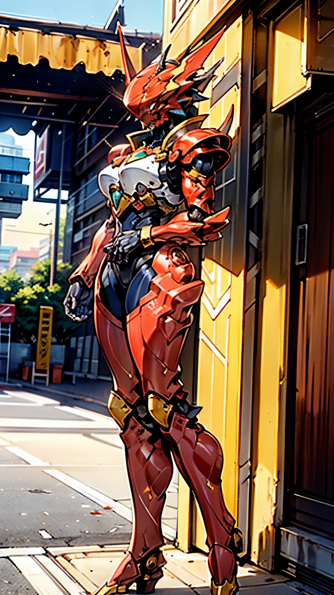 A woman adorned in fantasy-style full-body armor, a crown-concept fully enclosed helmet that unveils only her eyes, a composite layered chest plate, fully encompassing shoulder and hand guards, a lightweight waist armor, form-fitting shin guards, the overall design is heavy-duty yet flexible, ((the armor gleams with a golden glow, complemented by red and blue accents)), exhibiting a noble aura, she floats above a fantasy-surreal high-tech city, this character embodies a finely crafted fantasy-surreal style armored hero in anime style, exquisite and mature manga art style, (Queen bee mixed with Spider concept Armor, plasma, blood), ((Element, energy, elegant, goddess, femminine:1.5)), metallic, high definition, best quality, highres, ultra-detailed, ultra-fine painting, extremely delicate, professional, anatomically correct, symmetrical face, extremely detailed eyes and face, high quality eyes, creativity, RAW photo, UHD, 32k, Natural light, cinematic lighting, masterpiece-anatomy-perfect, masterpiece:1.5