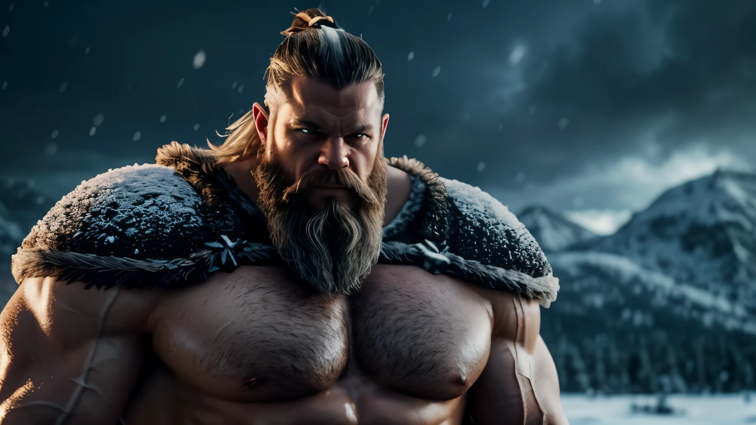 a viking  with gigantic muscles , in the background snow, ultra details, ultra realistic, cinematic , octane render, 16k