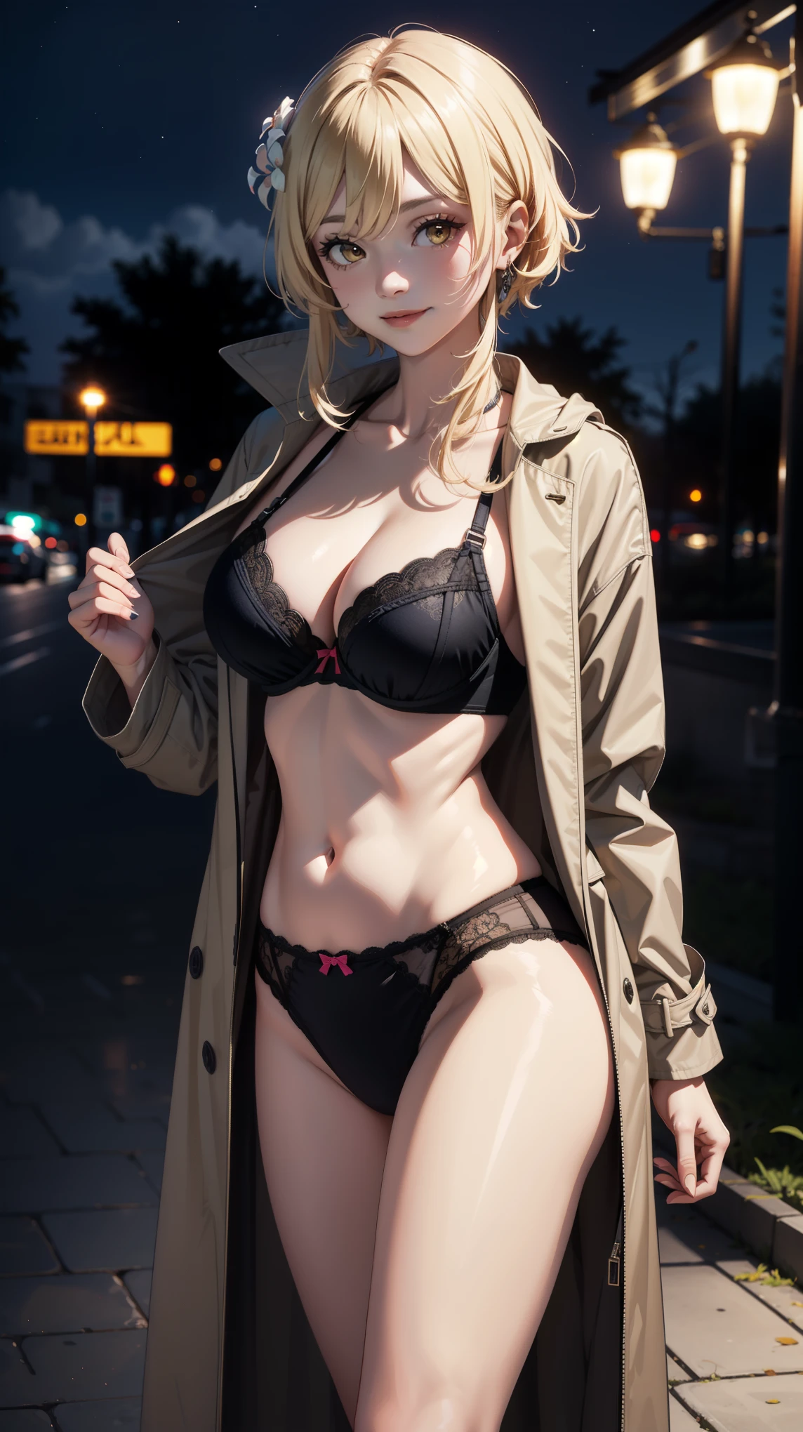 Masterpiece, high quality, 8k, ultra detail, ((luminernd)) standing,outdoor, (large breast), (panties),navel, (bra), smile, modeling, (night), (coat)