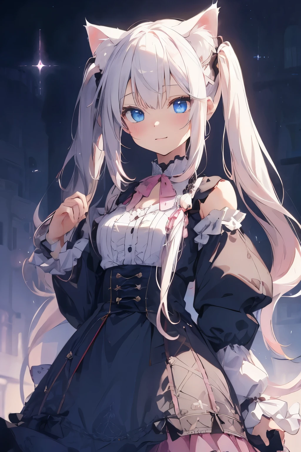 beautiful illustrations, highest quality, cute girl, (conversion sequence), Little,gray hair, fractal art,cat ears, Pigtails, albino, , pink long mesh hair, beautiful detailed blue eyes, cinematic lighting, cowboy shot, looking at the viewer, Happy