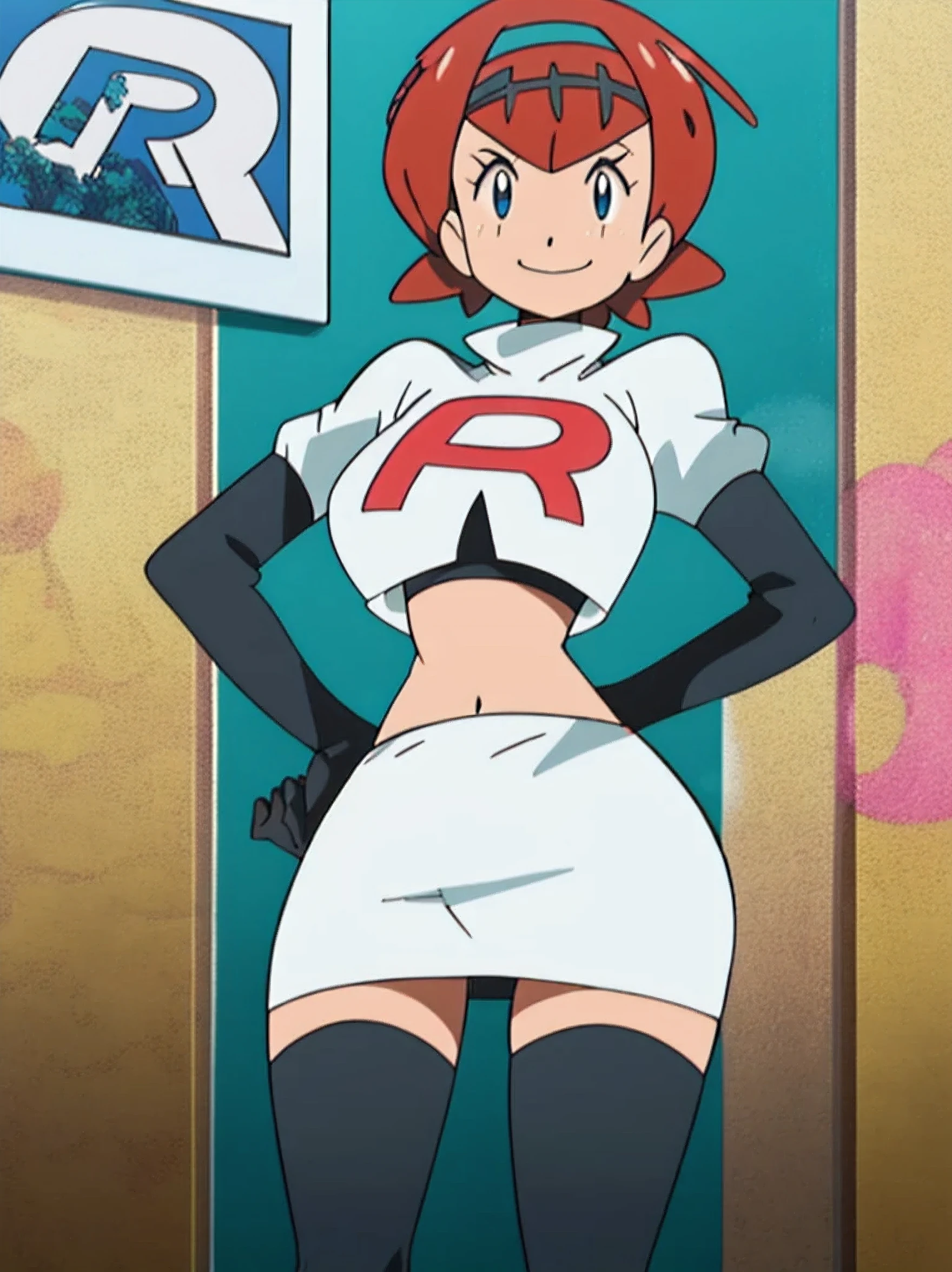 8k,1girl in, (solo:1.1), (perfect body:1.1), (best quality:1.1), very large breast, team rocket, team rocket uniform, red letter r, white skirt,white crop top,black thigh-high boots, black elbow gloves, smiling, looking down at viewer, hands on hips,zettai ryouiki,cowboy shot