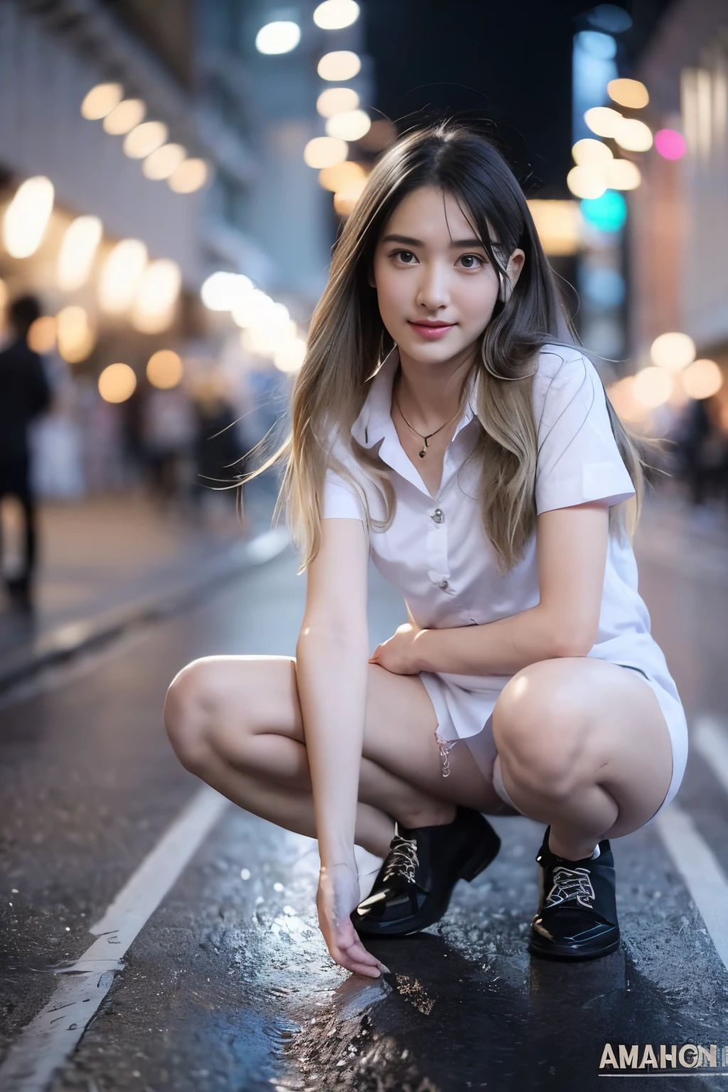 1womanl、(Super beautiful)、(beauitful face:1.5)、Clear pubic contours、Squatting、Spread your legs、(white panties:1.4)、(high-school uniform)、(Dark blue pleated skirt)、(Wear black loafers)、(Sidewalk in Shibuya at night)、Neon sign、(At SFW:1.1)