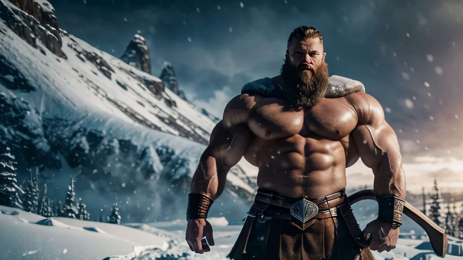 a viking with gigantic muscles , in the background snow, ultra details, ultra realistic, cinematic , octane render, 16k