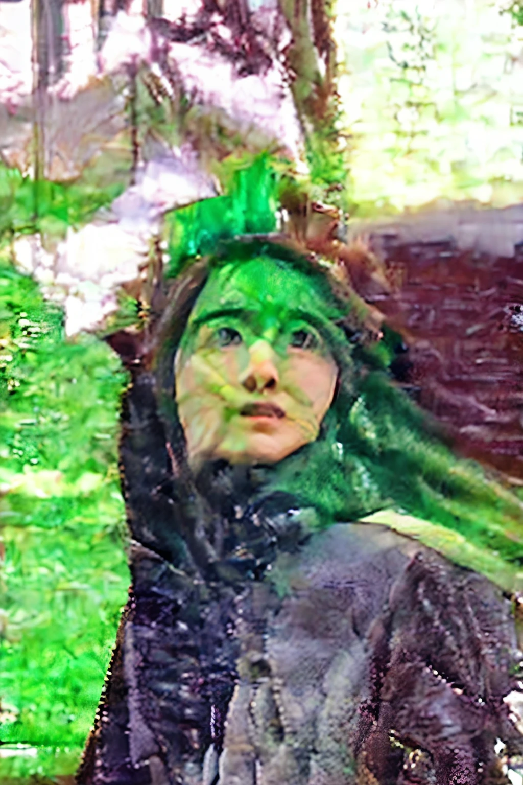 Mature female, Beastman fox, green hair, fair skin, kemeja putih garis hijau, rok pendek hijau, duduk membuka kaki diatas tumpukan batu kecil, kaos kaki hijau, payudara besar, hd, sarung bronze,