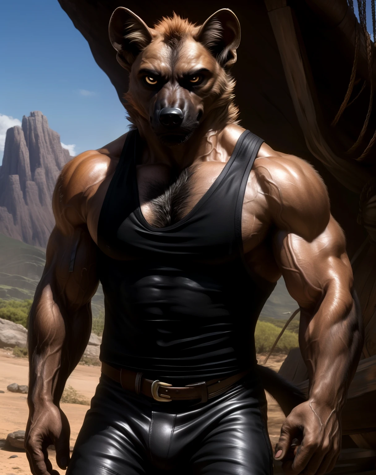 anthro, brown hyena, solo, male, adult, veiny muscles, buffed body, toned muscle, dark black pants, terrorist, bad guy, criminal, pirate, serious look, fierce look, small eye, furred body, furry chest hair, detailed background, wilderness background, clear weather, realistic, photorealistic, ultra realistic, 8k, tight crotch, ragged tight black tank top, highlighted muscles, focus on chest muscles