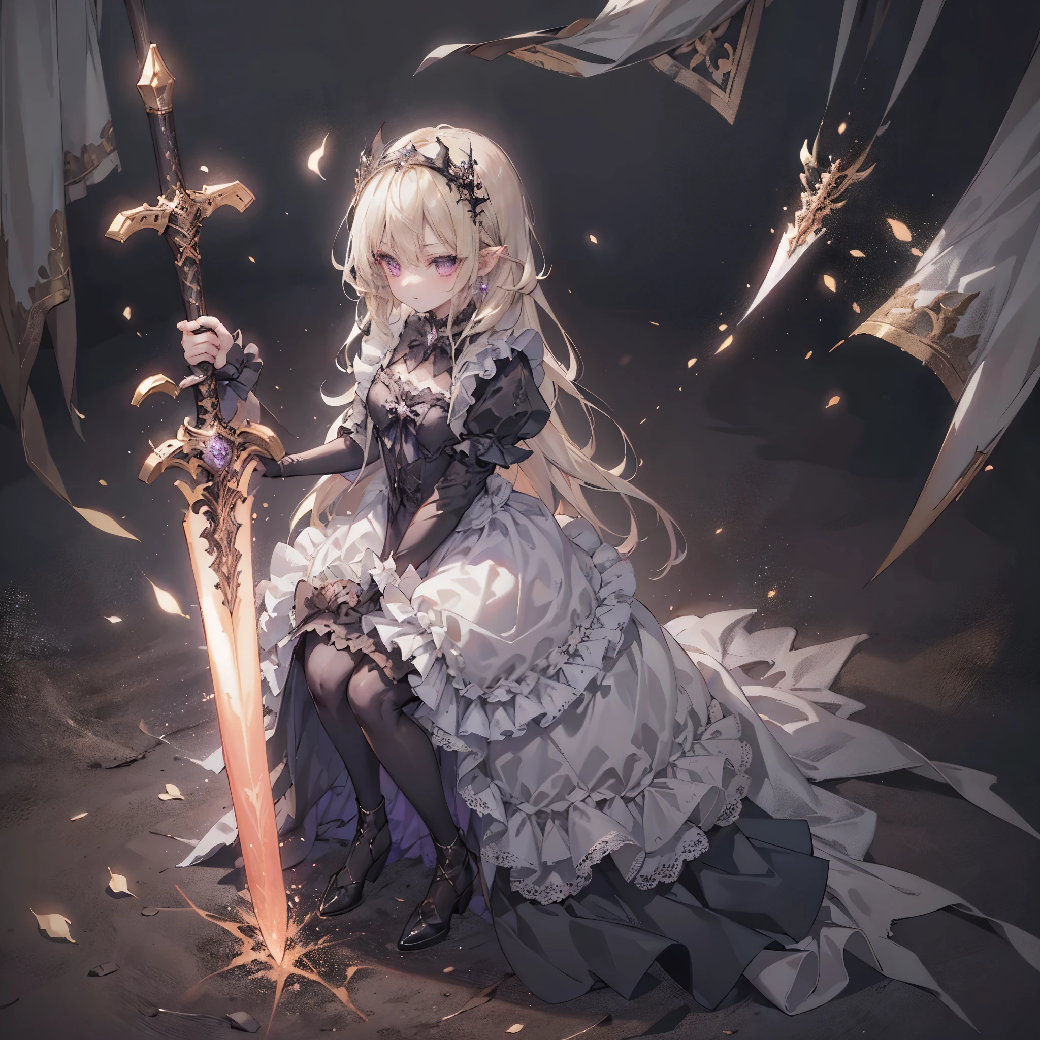 (highest quality, masterpiece, Super detailed, very detailed, exquisite, 16k,Full HD),A little closer,golden ratio,prepare a sword,fighting with sword and magic,serious atmosphere,dramatic lighting,dark atmosphere, ((one person:1.5)),(late night),(magic castle,gothic castle),From above,((head shot)),Black Flame Magic,(fairy knight princess, purple eyes, long eyelashes,white skin,slim,pale pink plump lips,pale pink cheeks, The wind is blowing,blonde,thin and long,(thin and high nose,small nose),(腰の少しFrom above巨大な妖精の羽),dark magic,jet black tiara,diamond earrings,Diamond Choker,(black ball gown dress, lace and ruffles),(seriously), (fantasy, romantic atmosphere),