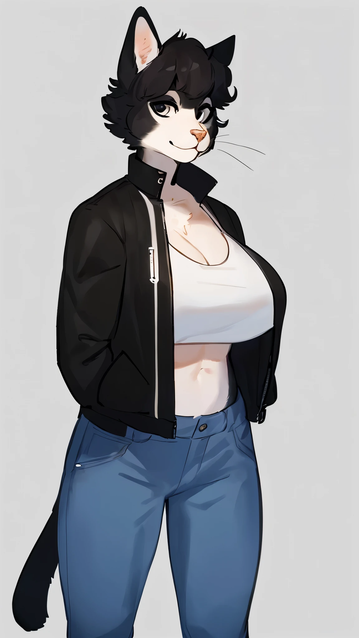 By bebebebebe, by lostgoose, by goonie-san, solo, standing, female, feline, tuxedo cat, black and white fur, ((snout, hair)), wavy hair, short hair, ((detailed eyes)), big breasts, crop top, jacket, jeans, looking at viewer, muscular