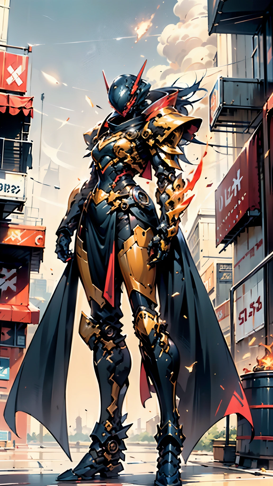 A woman adorned in fantasy-style full-body armor, a crown-concept fully enclosed helmet that unveils only her eyes, a composite layered chest plate, fully encompassing shoulder and hand guards, a lightweight waist armor, form-fitting shin guards, the overall design is heavy-duty yet flexible, ((the armor gleams with a golden glow, complemented by red and blue accents)), exhibiting a noble aura, she floats above a fantasy-surreal high-tech city, this character embodies a finely crafted fantasy-surreal style armored hero in anime style, exquisite and mature manga art style, (Queen bee mixed with Spider concept Armor, plasma, blood), ((Element, energy, elegant, goddess, femminine:1.5)), metallic, high definition, best quality, highres, ultra-detailed, ultra-fine painting, extremely delicate, professional, anatomically correct, symmetrical face, extremely detailed eyes and face, high quality eyes, creativity, RAW photo, UHD, 32k, Natural light, cinematic lighting, masterpiece-anatomy-perfect, masterpiece:1.5