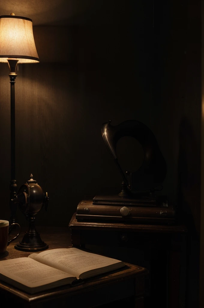 (best quality,4k,8k,highres,masterpiece:1.2),ultra-detailed,(realistic,photorealistic,photo-realistic:1.37),the desk,dark lighting,vintage film noir style,black and white color tones,classic typewriter,old leather notebook,stack of letters,mysterious atmosphere,dusty bookshelves,dimly lit room,antique lamp,smoky ambiance,thick curtains,shadowy corners,reflection on glossy wood surface,inky black ink,old-fashioned pen,candlelight flickering,creaky wooden chair,vintage clock ticking,secretive aura,quiet solitude,rain splattering on window pane,soft jazz music playing from a gramophone,lone coffee cup,silhouette of a person writing,ink stains on vintage paper.