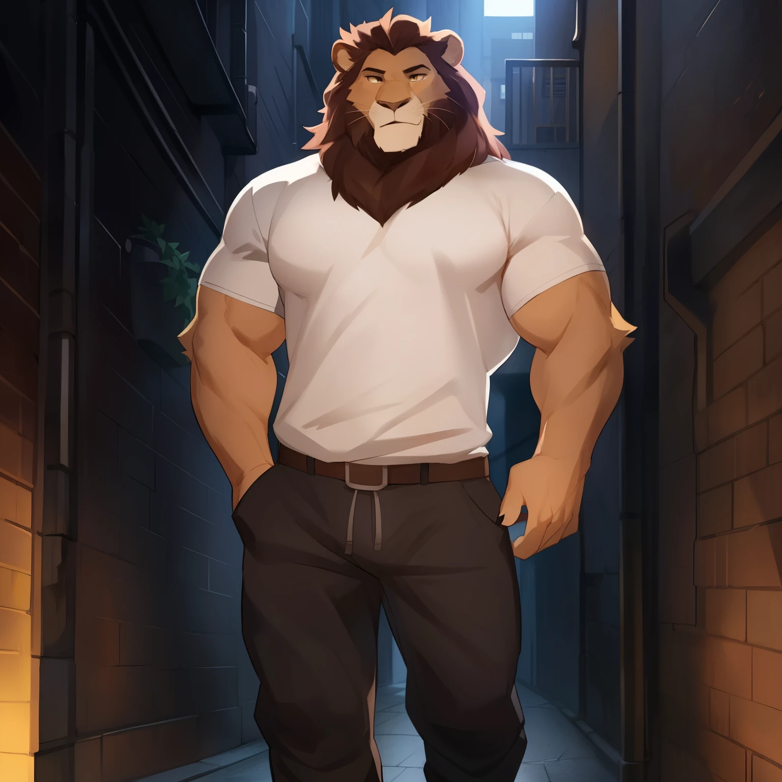 Solo, male, lion, muscular, medium bulge, smiling, tank top, cargo shorts, hair, big pecs, big biceps, alleyway, plants, golden hour, dramatic lighting, by bebebebebe