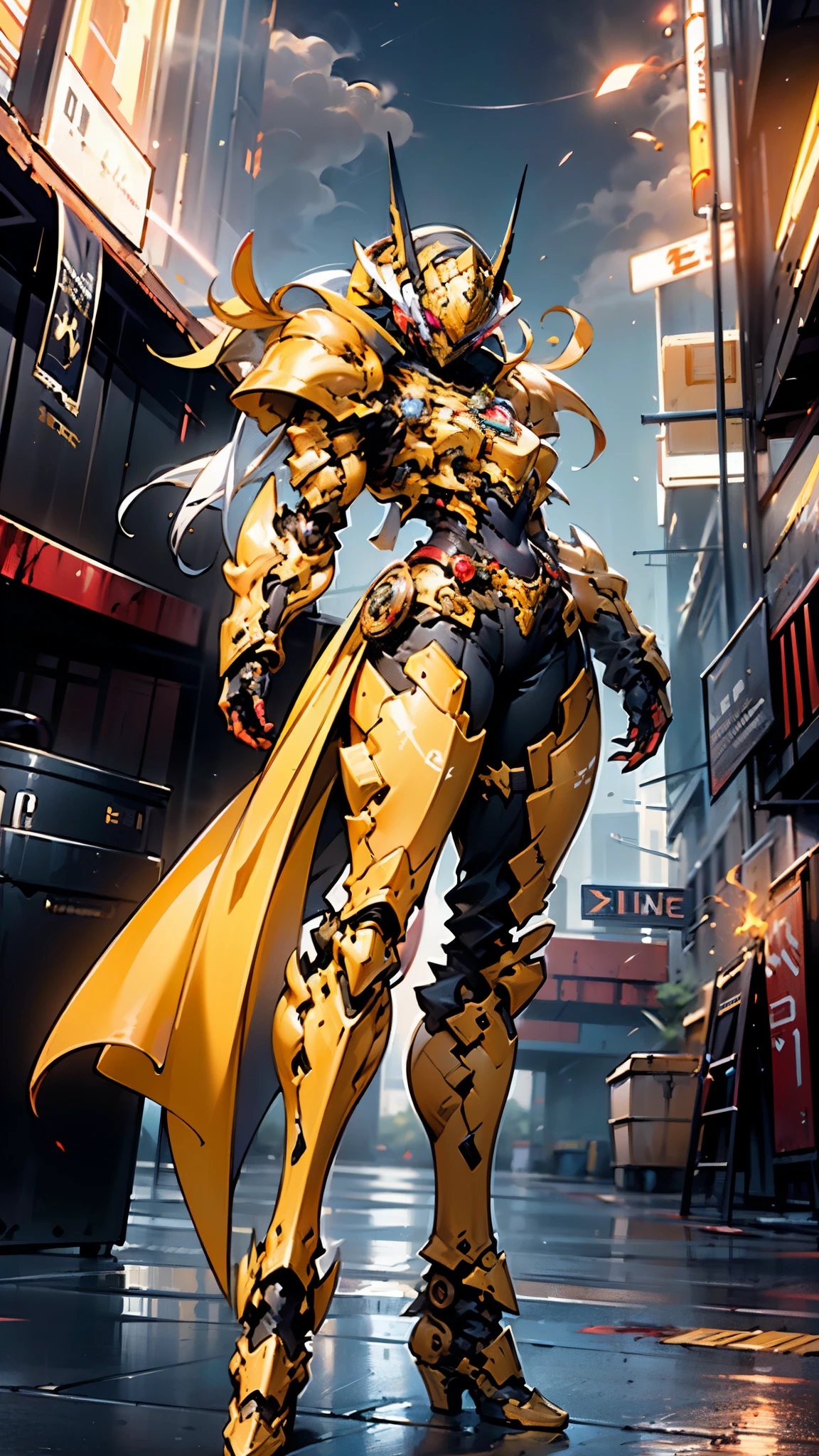 A woman adorned in fantasy-style full-body armor, a crown-concept fully enclosed helmet that unveils only her eyes, a composite layered chest plate, fully encompassing shoulder and hand guards, a lightweight waist armor, form-fitting shin guards, the overall design is heavy-duty yet flexible, ((the armor gleams with a golden glow, complemented by red and blue accents)), exhibiting a noble aura, she floats above a fantasy-surreal high-tech city, this character embodies a finely crafted fantasy-surreal style armored hero in anime style, exquisite and mature manga art style, (Queen bee mixed with Spider concept Armor, plasma, blood), ((Element, energy, elegant, goddess, femminine:1.5)), metallic, high definition, best quality, highres, ultra-detailed, ultra-fine painting, extremely delicate, professional, anatomically correct, symmetrical face, extremely detailed eyes and face, high quality eyes, creativity, RAW photo, UHD, 32k, Natural light, cinematic lighting, masterpiece-anatomy-perfect, masterpiece:1.5