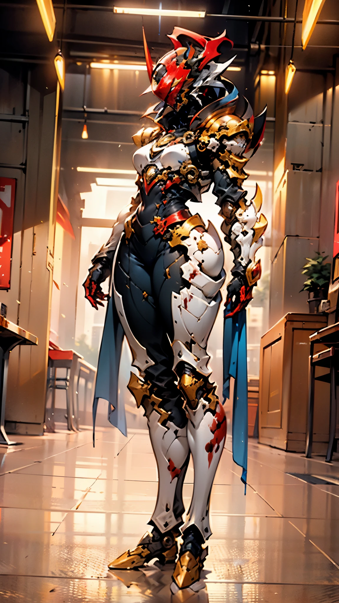 A woman adorned in fantasy-style full-body armor, a crown-concept fully enclosed helmet that unveils only her eyes, a composite layered chest plate, fully encompassing shoulder and hand guards, a lightweight waist armor, form-fitting shin guards, the overall design is heavy-duty yet flexible, ((the armor gleams with a golden glow, complemented by red and blue accents)), exhibiting a noble aura, she floats above a fantasy-surreal high-tech city, this character embodies a finely crafted fantasy-surreal style armored hero in anime style, exquisite and mature manga art style, (Queen bee mixed with Spider concept Armor, plasma, blood), ((Element, energy, elegant, goddess, femminine:1.5)), metallic, high definition, best quality, highres, ultra-detailed, ultra-fine painting, extremely delicate, professional, anatomically correct, symmetrical face, extremely detailed eyes and face, high quality eyes, creativity, RAW photo, UHD, 32k, Natural light, cinematic lighting, masterpiece-anatomy-perfect, masterpiece:1.5