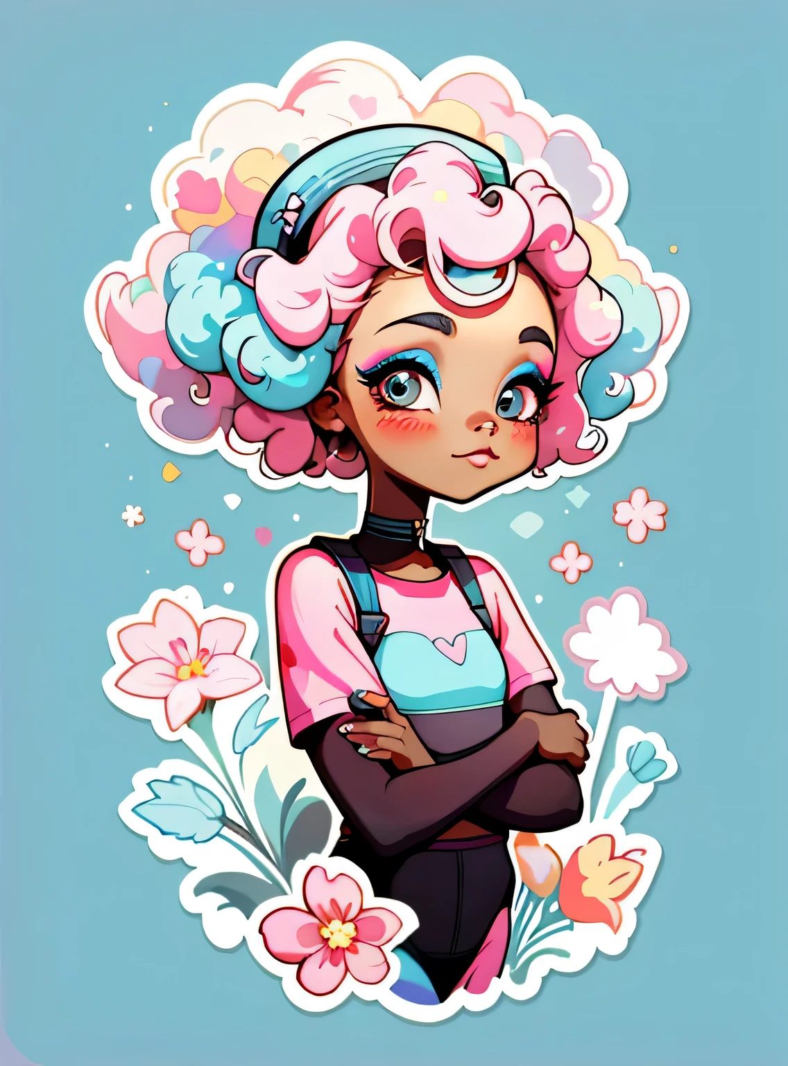 1 adesivo, Manual, (uma garota negra afro estilosa, modelo, Top rosa, legal e legal), fundo azul, fundo simples, Minimum, elementos de maquiagem, flores, cap, bonitinho, pequeno, cor pastel, estilo vetorial, sem gradiente,sorridente