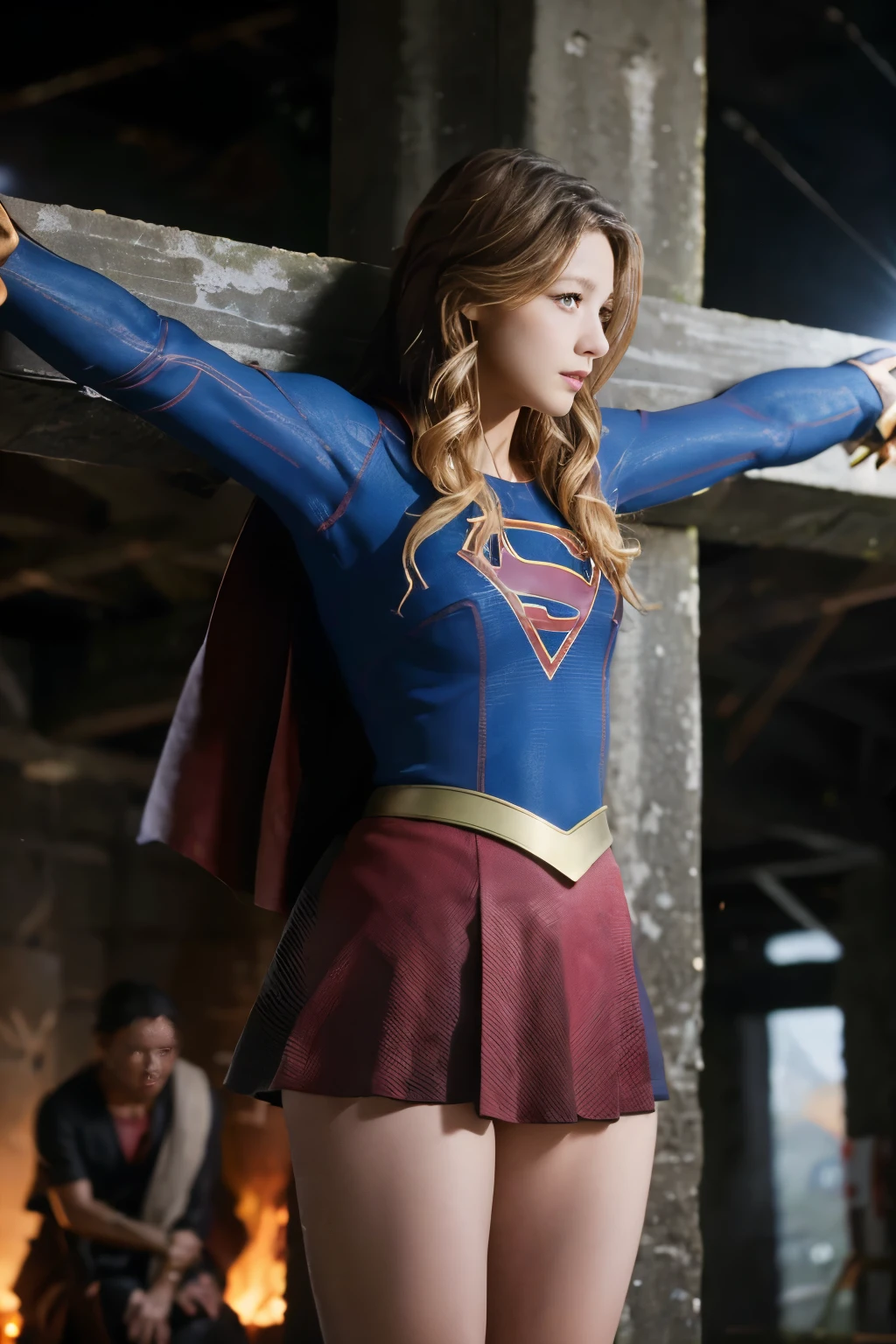 highest quality,masterpiece,UHD, Super detailed, 8K,(Beautiful woman),一人のBeautiful woman,((crucifixion)),(cross),(execution),((incontinence)),scared,torture,slave,((crossにcrucifixionにされた女性:1.5)),crucifixion刑,(supergirl),torn costume