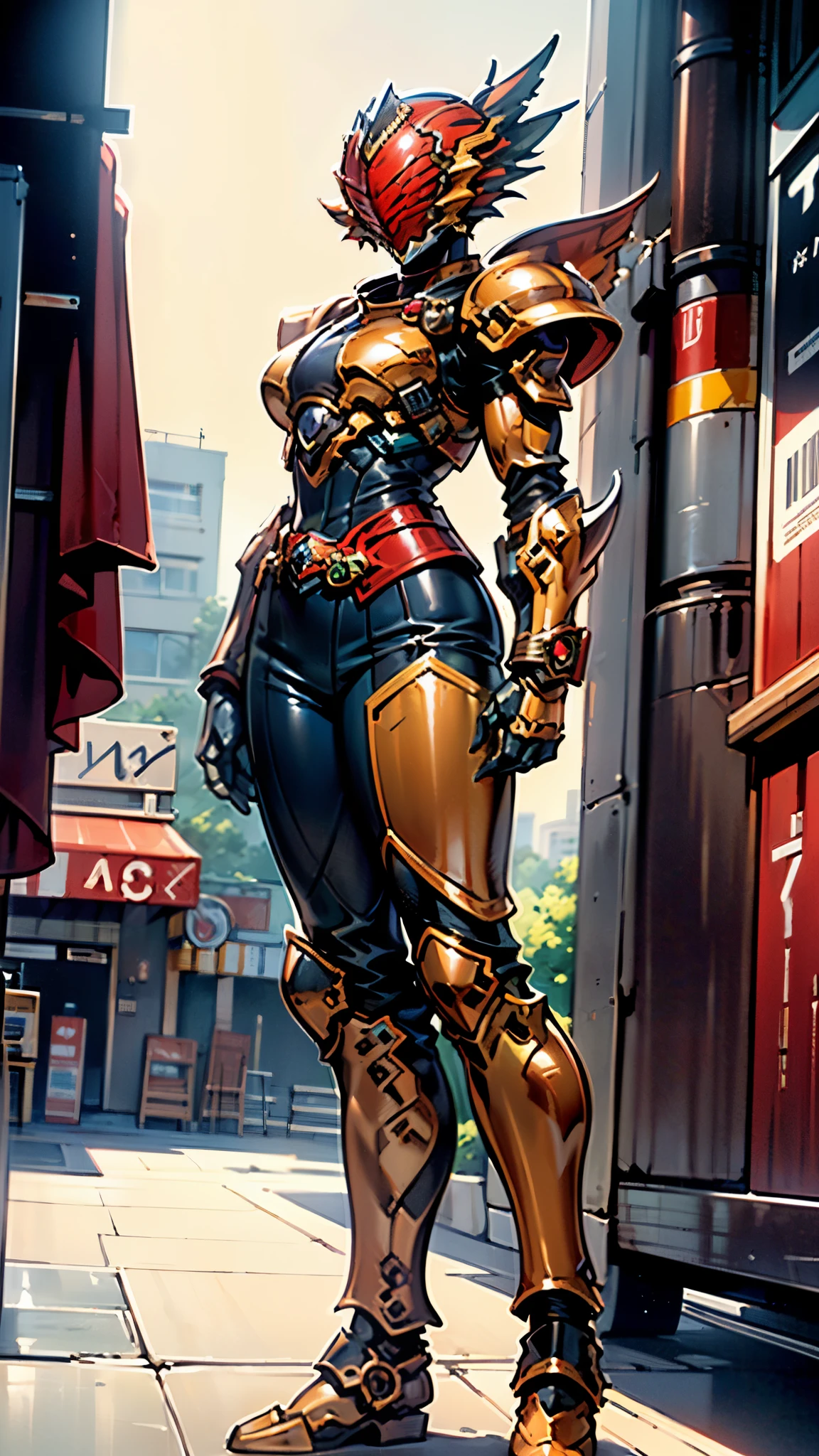 A woman adorned in fantasy-style full-body armor, a crown-concept fully enclosed helmet that unveils only her eyes, a composite layered chest plate, fully encompassing shoulder and hand guards, a lightweight waist armor, form-fitting shin guards, the overall design is heavy-duty yet flexible, ((the armor gleams with a golden glow, complemented by red and blue accents)), exhibiting a noble aura, she floats above a fantasy-surreal high-tech city, this character embodies a finely crafted fantasy-surreal style armored hero in anime style, exquisite and mature manga art style, (Queen bee mixed with Spider concept Armor, plasma, blood), ((Element, energy, elegant, goddess, femminine:1.5)), metallic, high definition, best quality, highres, ultra-detailed, ultra-fine painting, extremely delicate, professional, anatomically correct, symmetrical face, extremely detailed eyes and face, high quality eyes, creativity, RAW photo, UHD, 32k, Natural light, cinematic lighting, masterpiece-anatomy-perfect, masterpiece:1.5