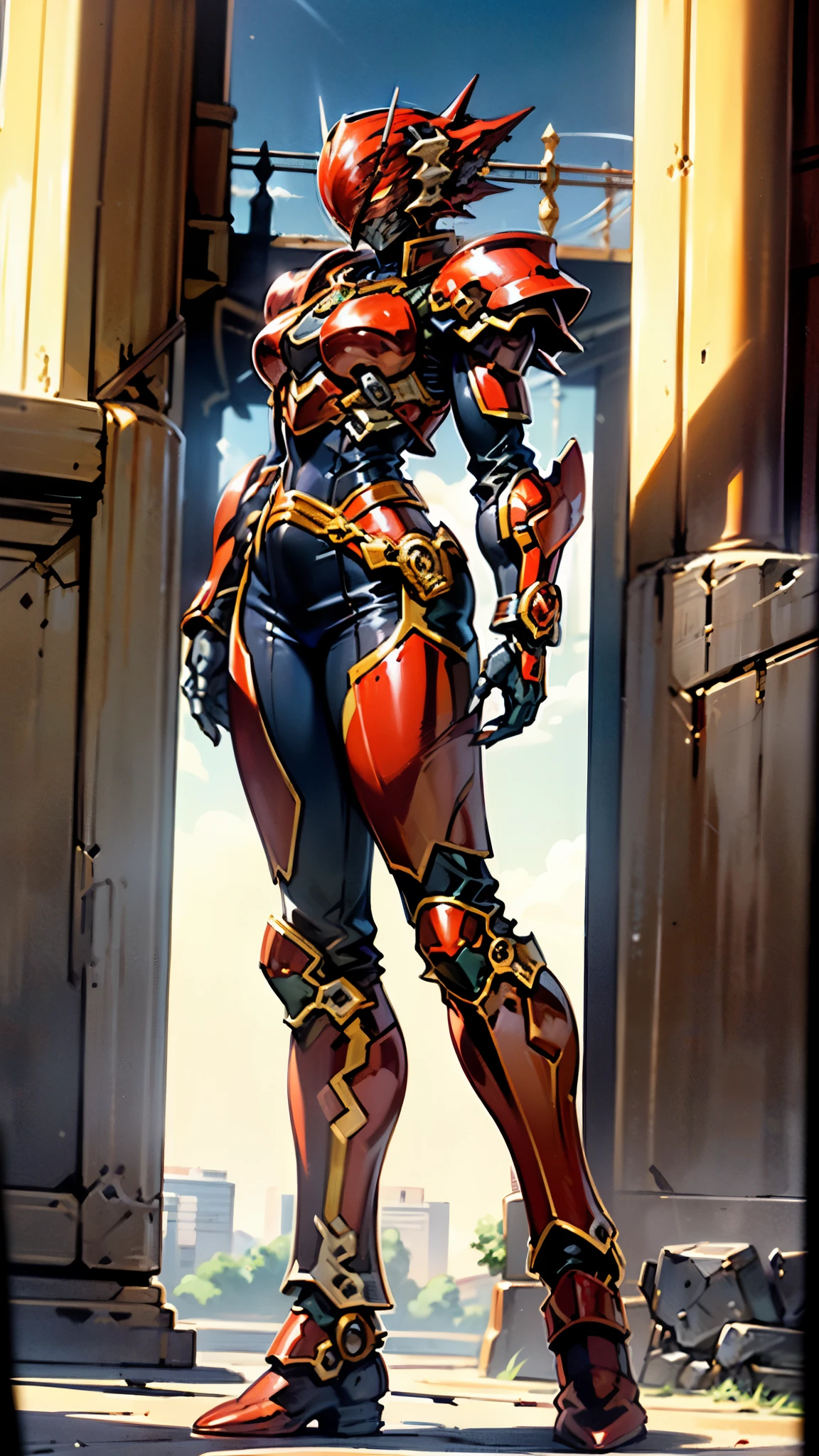 A woman adorned in fantasy-style full-body armor, a crown-concept fully enclosed helmet that unveils only her eyes, a composite layered chest plate, fully encompassing shoulder and hand guards, a lightweight waist armor, form-fitting shin guards, the overall design is heavy-duty yet flexible, ((the armor gleams with a golden glow, complemented by red and blue accents)), exhibiting a noble aura, she floats above a fantasy-surreal high-tech city, this character embodies a finely crafted fantasy-surreal style armored hero in anime style, exquisite and mature manga art style, (Queen bee mixed with Spider concept Armor, plasma, blood), ((Element, energy, elegant, goddess, femminine:1.5)), metallic, high definition, best quality, highres, ultra-detailed, ultra-fine painting, extremely delicate, professional, anatomically correct, symmetrical face, extremely detailed eyes and face, high quality eyes, creativity, RAW photo, UHD, 32k, Natural light, cinematic lighting, masterpiece-anatomy-perfect, masterpiece:1.5