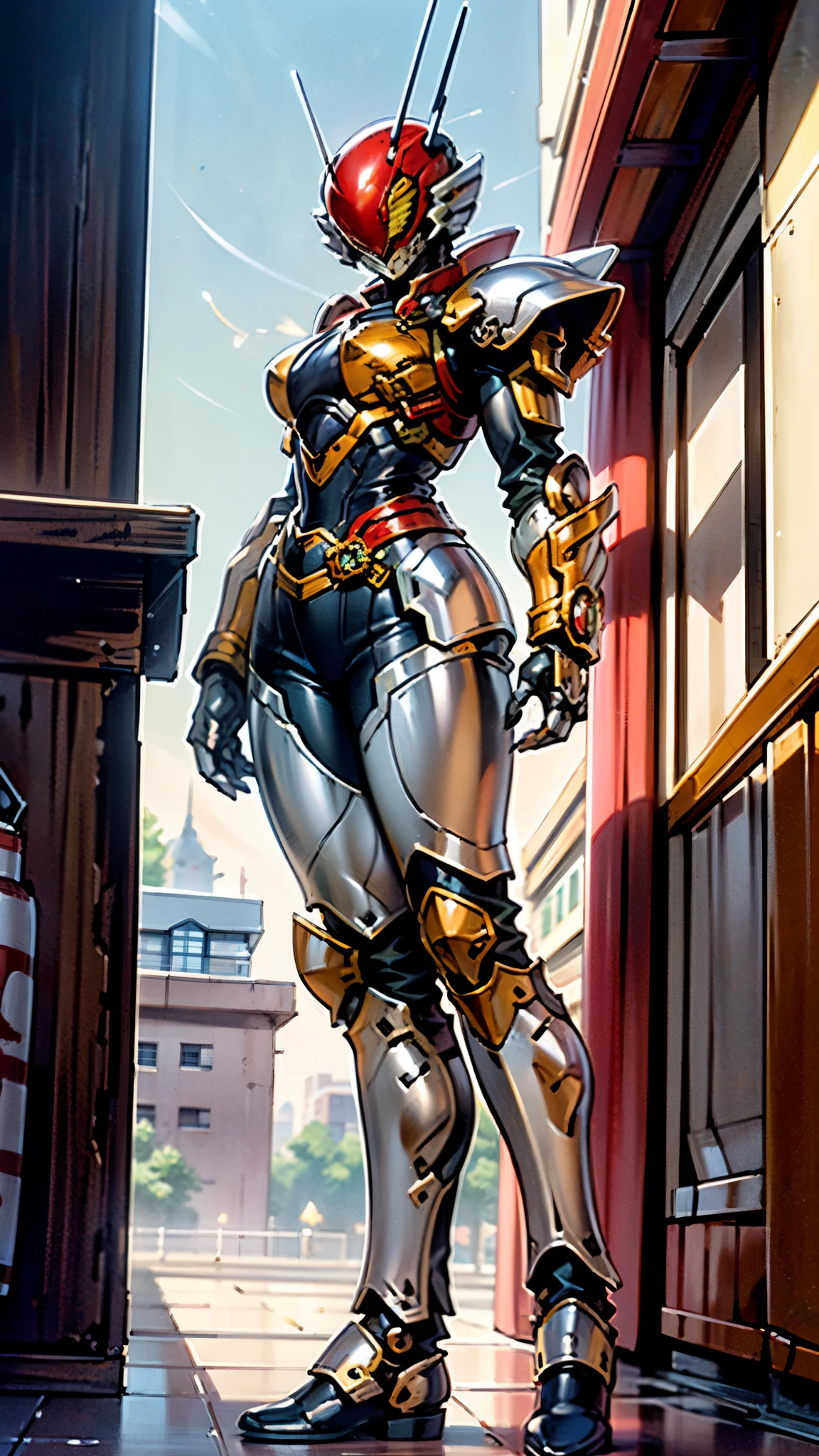 A woman adorned in fantasy-style full-body armor, a crown-concept fully enclosed helmet that unveils only her eyes, a composite layered chest plate, fully encompassing shoulder and hand guards, a lightweight waist armor, form-fitting shin guards, the overall design is heavy-duty yet flexible, ((the armor gleams with a golden glow, complemented by red and blue accents)), exhibiting a noble aura, she floats above a fantasy-surreal high-tech city, this character embodies a finely crafted fantasy-surreal style armored hero in anime style, exquisite and mature manga art style, (Queen bee mixed with Spider concept Armor, plasma, blood), ((Element, energy, elegant, goddess, femminine:1.5)), metallic, high definition, best quality, highres, ultra-detailed, ultra-fine painting, extremely delicate, professional, anatomically correct, symmetrical face, extremely detailed eyes and face, high quality eyes, creativity, RAW photo, UHD, 32k, Natural light, cinematic lighting, masterpiece-anatomy-perfect, masterpiece:1.5