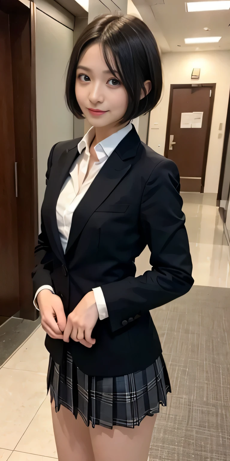 masterpiece、A woman with light brown hair is standing in a hotel lobby wearing a short pleated skirt, very sexy costume, 厳格なsuitを着ている, real anime girl, anime girl cosplay, Stylish and gorgeous cosplay, ((Very Shorthair Girl:1.4))、sexy costume, ファッションsuitを着ている, suitを着て, dressed properly, タイトなsuitを着ている, sexy look, suit, suitを着ている, suitを着ている、smile、
