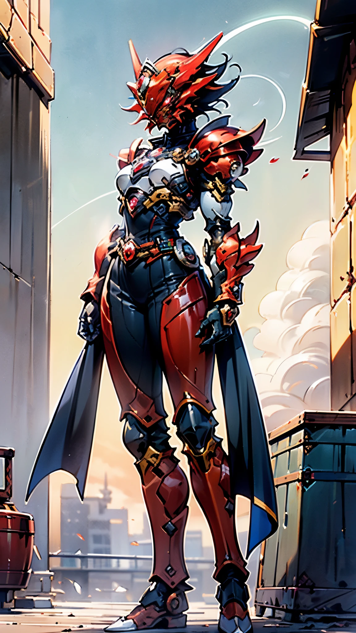 A woman adorned in fantasy-style full-body armor, a crown-concept fully enclosed helmet that unveils only her eyes, a composite layered chest plate, fully encompassing shoulder and hand guards, a lightweight waist armor, form-fitting shin guards, the overall design is heavy-duty yet flexible, ((the armor gleams with a golden glow, complemented by red and blue accents)), exhibiting a noble aura, she floats above a fantasy-surreal high-tech city, this character embodies a finely crafted fantasy-surreal style armored hero in anime style, exquisite and mature manga art style, (Queen bee mixed with Spider concept Armor, plasma, blood), ((Element, energy, elegant, goddess, femminine:1.5)), metallic, high definition, best quality, highres, ultra-detailed, ultra-fine painting, extremely delicate, professional, anatomically correct, symmetrical face, extremely detailed eyes and face, high quality eyes, creativity, RAW photo, UHD, 32k, Natural light, cinematic lighting, masterpiece-anatomy-perfect, masterpiece:1.5