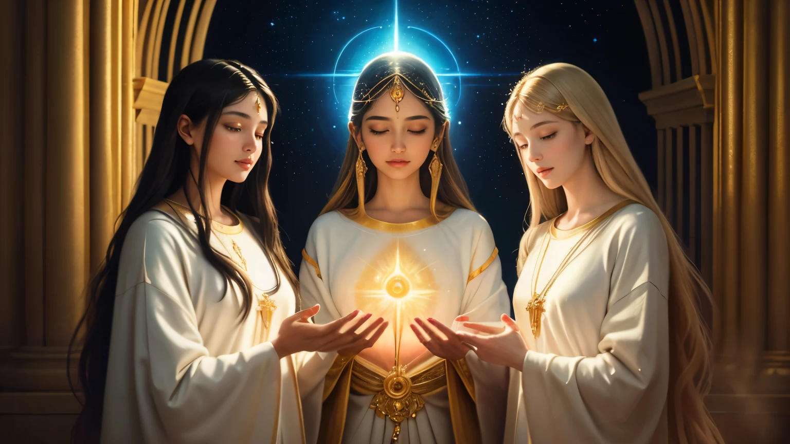A mesmerizing and ethereal painting captures the essence of the Holy Trinity, emanating a divine and spiritual light. The scene depicts a radiant and detailed portrayal, meticulously crafted with the highest quality and ultra-detailed brushwork. The heavenly glow creates a soft lighting that beautifully illuminates the holy figures. The masterpiece, rendered in vibrant and gold tones, transcends reality and transports viewers into a realm of transcendent beauty. This painting is a true testament to the celestial and spiritual realm, capturing the essence of the Holy Trinity with a level of detail and radiance that is unparalleled.