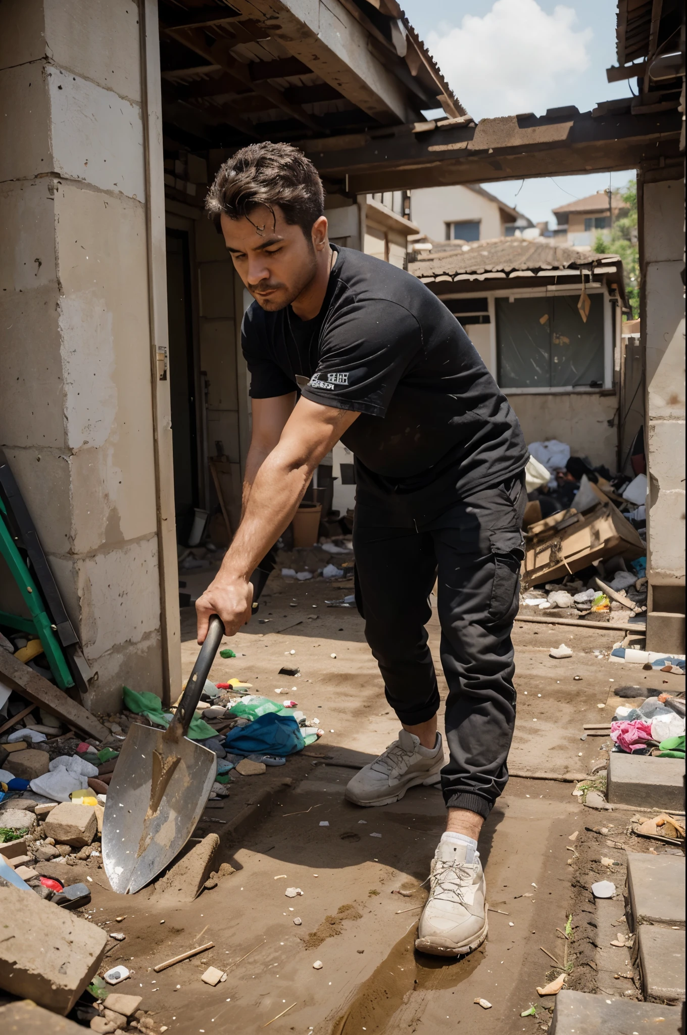 A professional bagging and removing debris with a shovel (the rubble in the shovel, como se estivesse prestes a colocar no saco enquanto um profissional homem a segura, ele deve estar equipado com roupas especiais para a obra, don't have so much rubbish, Leave only what you need to collect with a shovel).