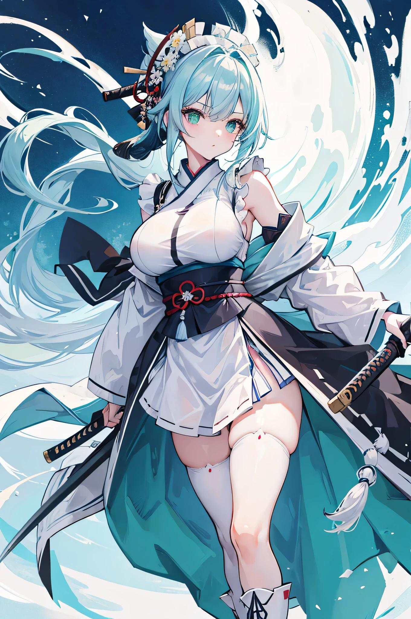 4k,High resolution,one woman,light blue hair,long ponytail,Braid,green eyes,big breasts,warrior,白色のwarriorの鎧,Maid clothes,No sleeve,white long gloves,white boots,black stockings,Japanese sword,medieval castle