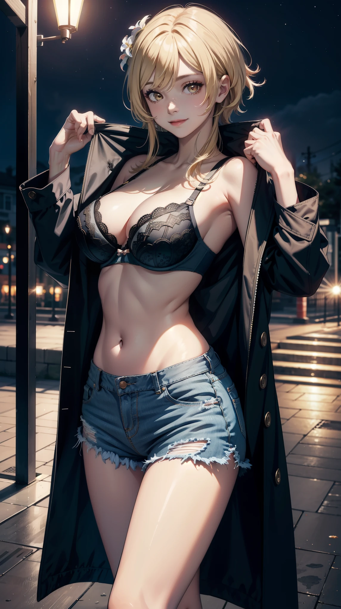 Masterpiece, high quality, 8k, ultra detail, ((luminernd)) standing,outdoor, (large breast), (shorts),navel, (bra), smile, modeling, (night), (coat)