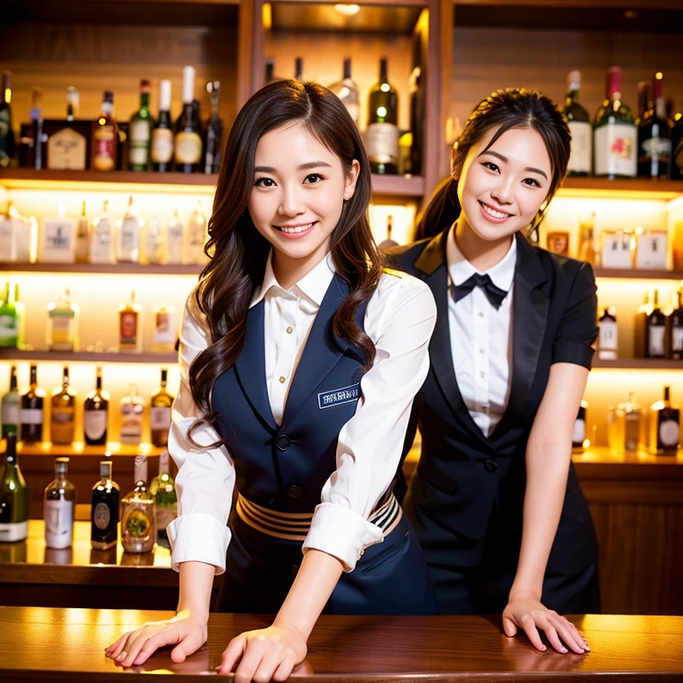 smiling bartender girl(highest quality、masterpiece:1.2)、woman、2 people、suit type bartender uniform、Inside the bar、standing behind the bar counter、holding a shaker