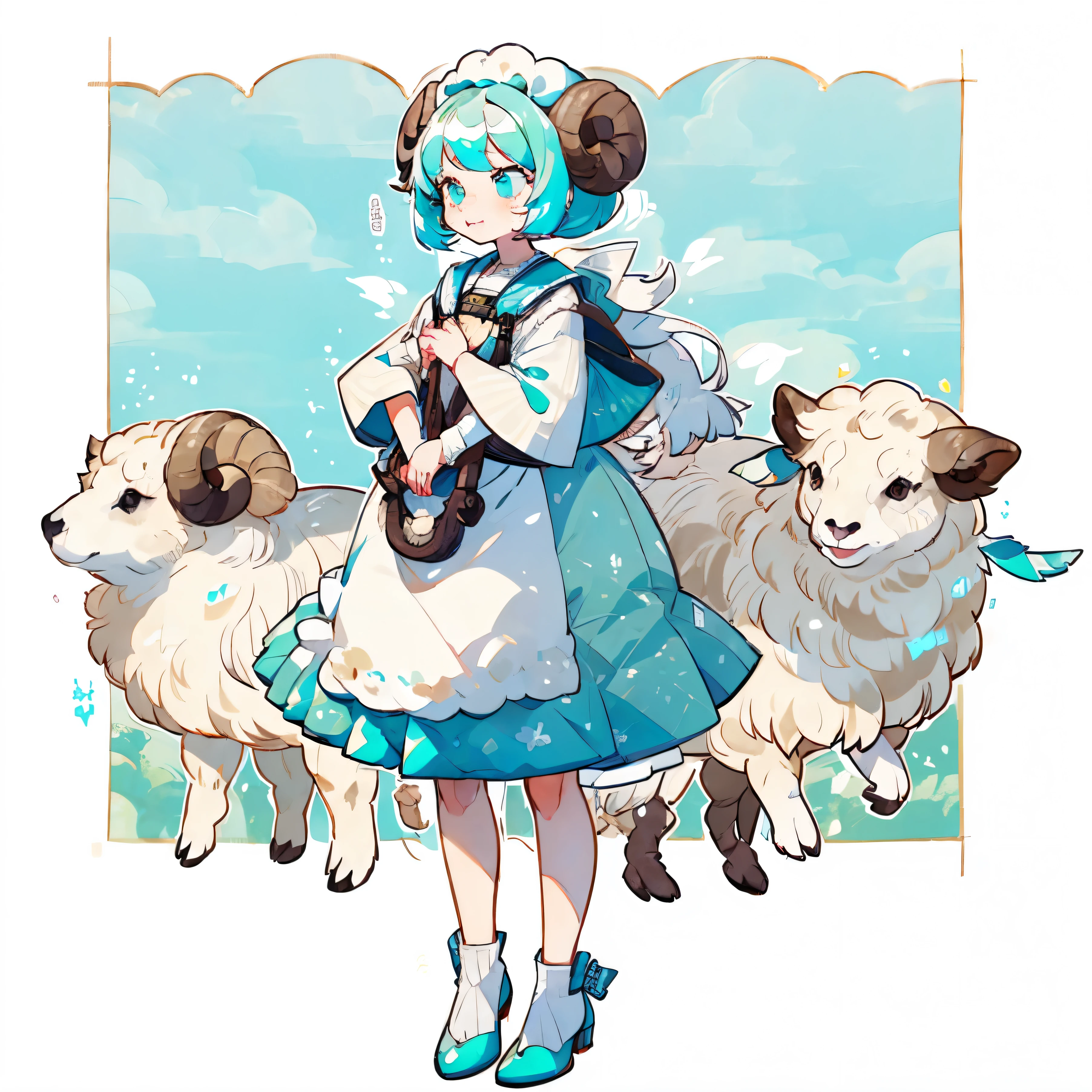 Naturally cyan colored sheep, cyan sheep themed girl is standing next to the cyan sheep, petting sheep, young girl, female sheep, exited face, sweet moment, farm, many white sheeps in background.