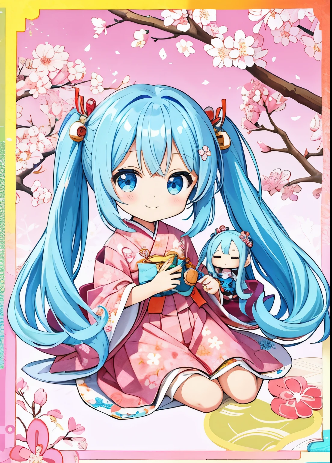 light blue long hair、Cute chibi character with twin tails、Doll's Festival Hina doll tiered decoration White cherry blossom pattern Japanese clothes cute smile