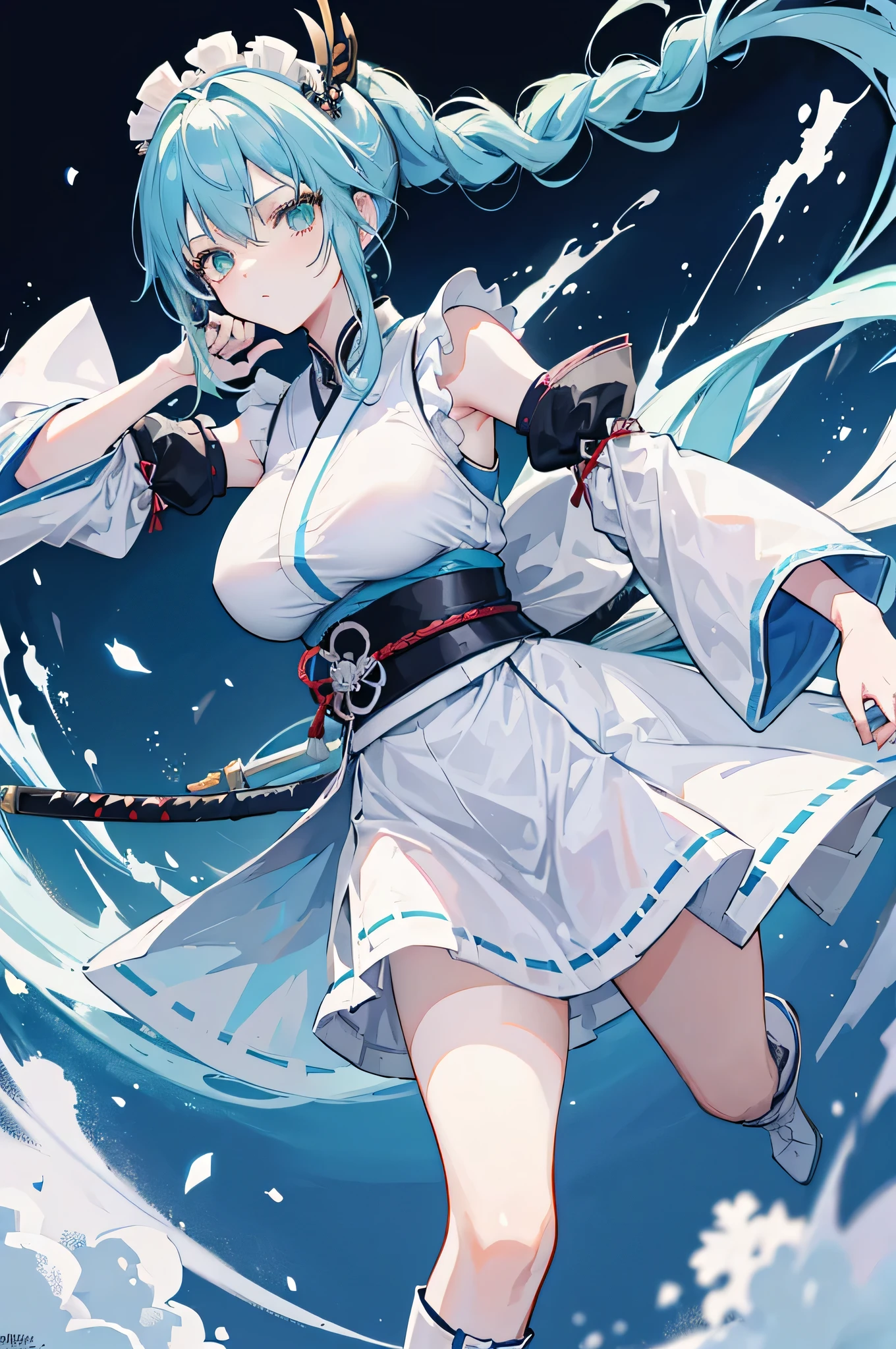 4k,High resolution,one woman,light blue hair,long ponytail,Braid,green eyes,big breasts,warrior,白色のwarriorの鎧,Maid clothes,No sleeve,white long gloves,white boots,black stockings,Japanese sword,medieval castle
