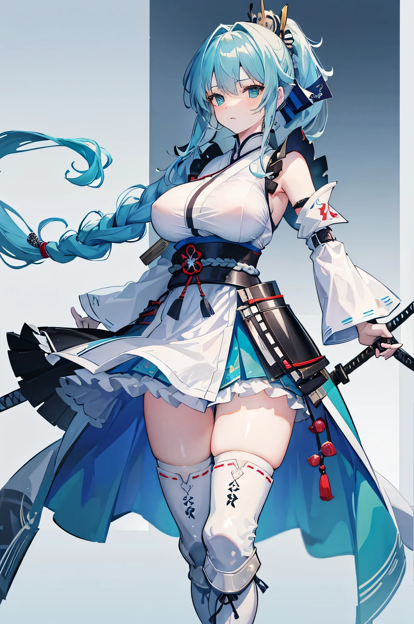 4k,High resolution,one woman,light blue hair,long ponytail,Braid,green eyes,big breasts,warrior,白色のwarriorの鎧,heavy armor,Maid clothes,No sleeve,white long gloves,white boots,black stockings,Japanese sword,medieval castle