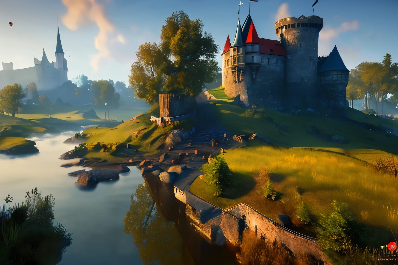 Bandeira da fantasia escura, Estilo de jogo The Witcher 3,A proportion, 21:ratio of 9, breathtaking masterpiece 8k Unreal Engine, a ruined castle nestled in fields and woods, parece um (detalhe intrincado, hiper detalhe, Gothic vampire lair: 1. 5), There is a small river that flows near the castle, (sharp focus), hdr, Global illumination, diffuse lighting, volumetric lighting, specular lighting, High Definition Cinematic Lighting, melhor qualidade, (texturas naturais, Surrealismo, Afiado: 1.2), (Afiado Focus: 1.2), Volumetric Fog, caustics, cores vibrantes