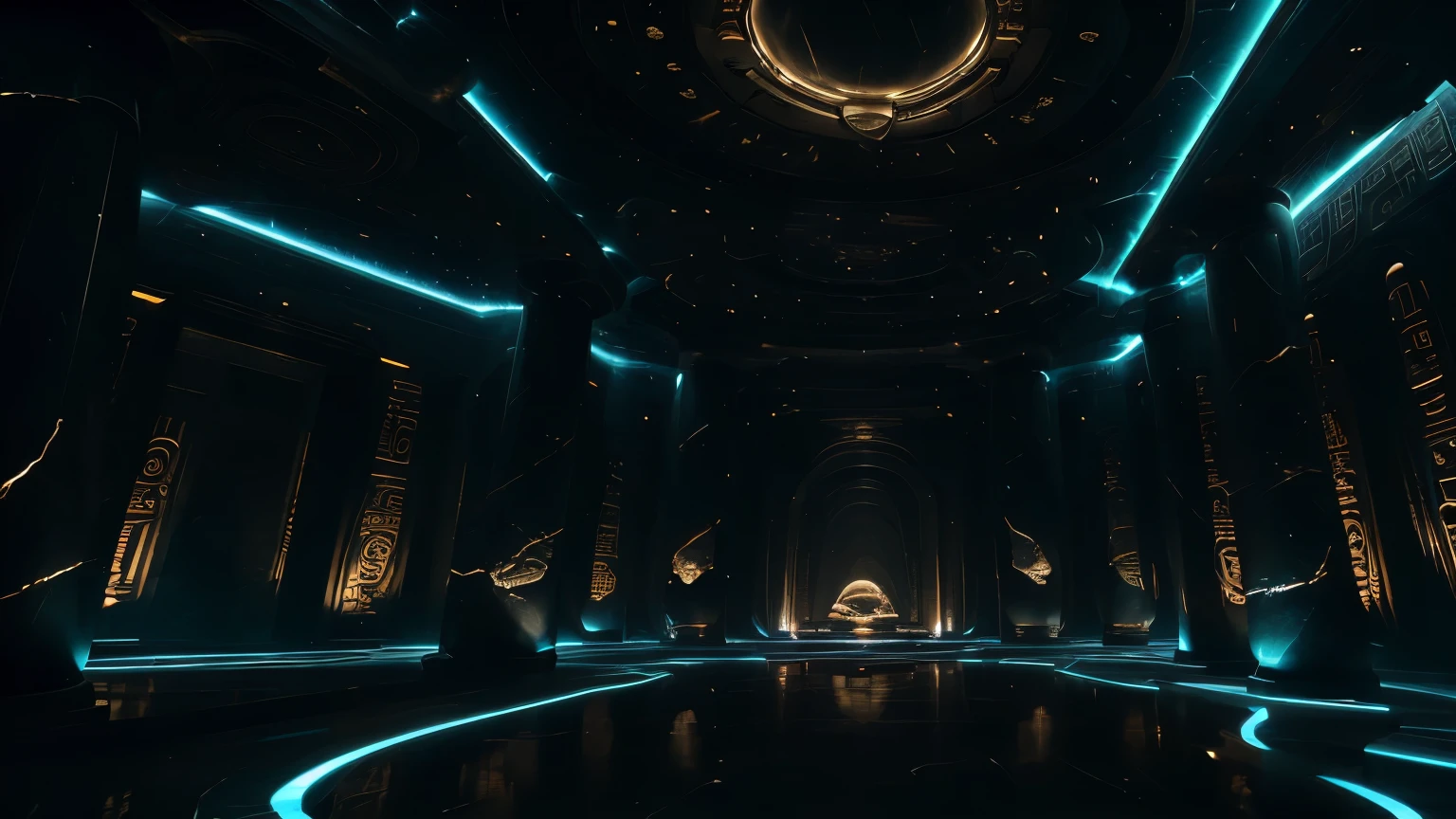 incredible black luxurious futuristic interior in Ancient Egyptian style with lotus flowers, palm trees, hieroglyphics, rocky walls, sand, marble, precious minerals, metals, gemstones, crystals, clouds and water, crocodiles, ultra luxury, black marble – with beautiful lights, Unreal Engine, HQ, 16k