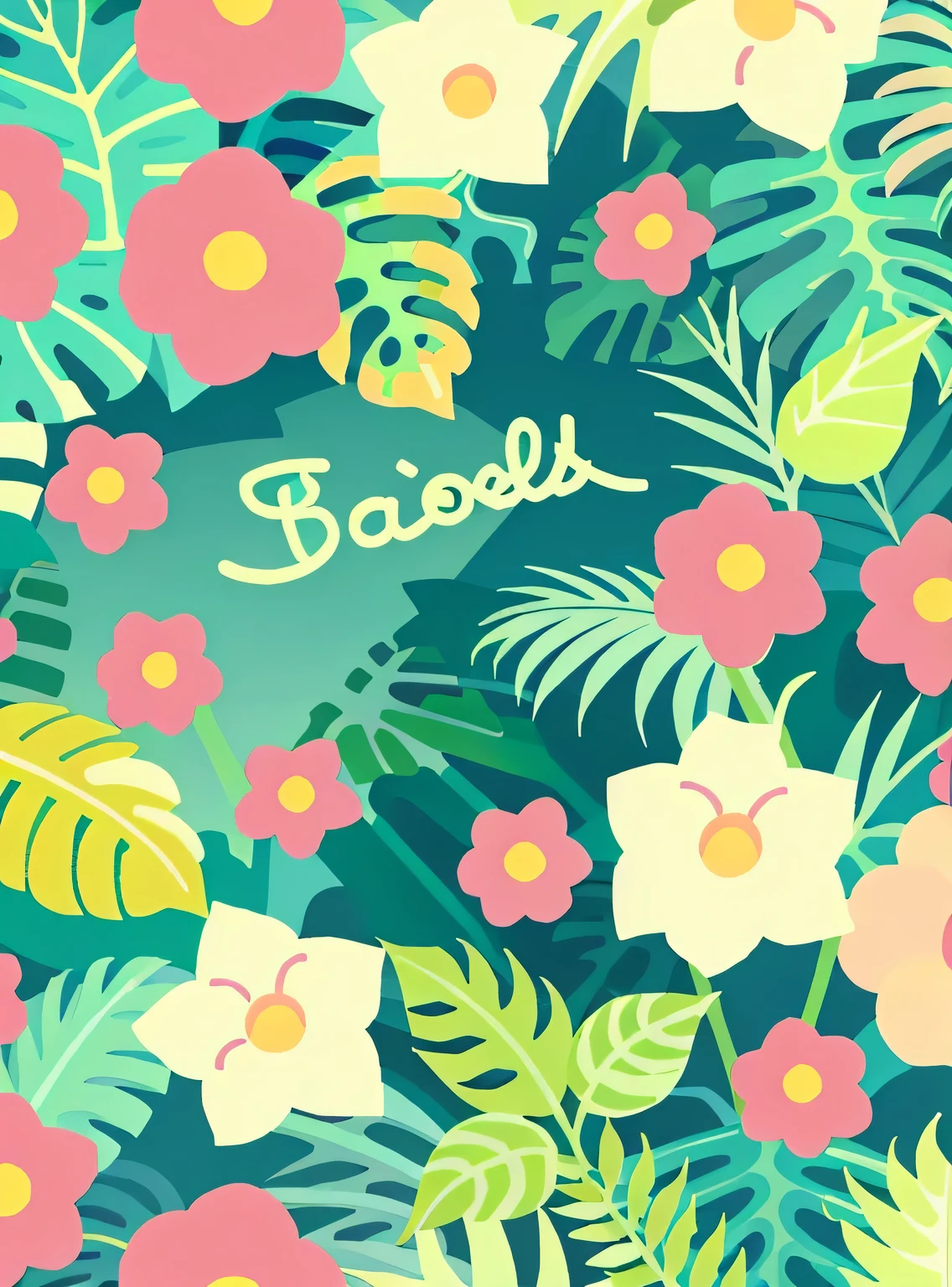 florais，print，Bege suave，rosa pastel，plantas tropicais,flat illustration，GUI，maximalismo，esquema de cores brilhantes