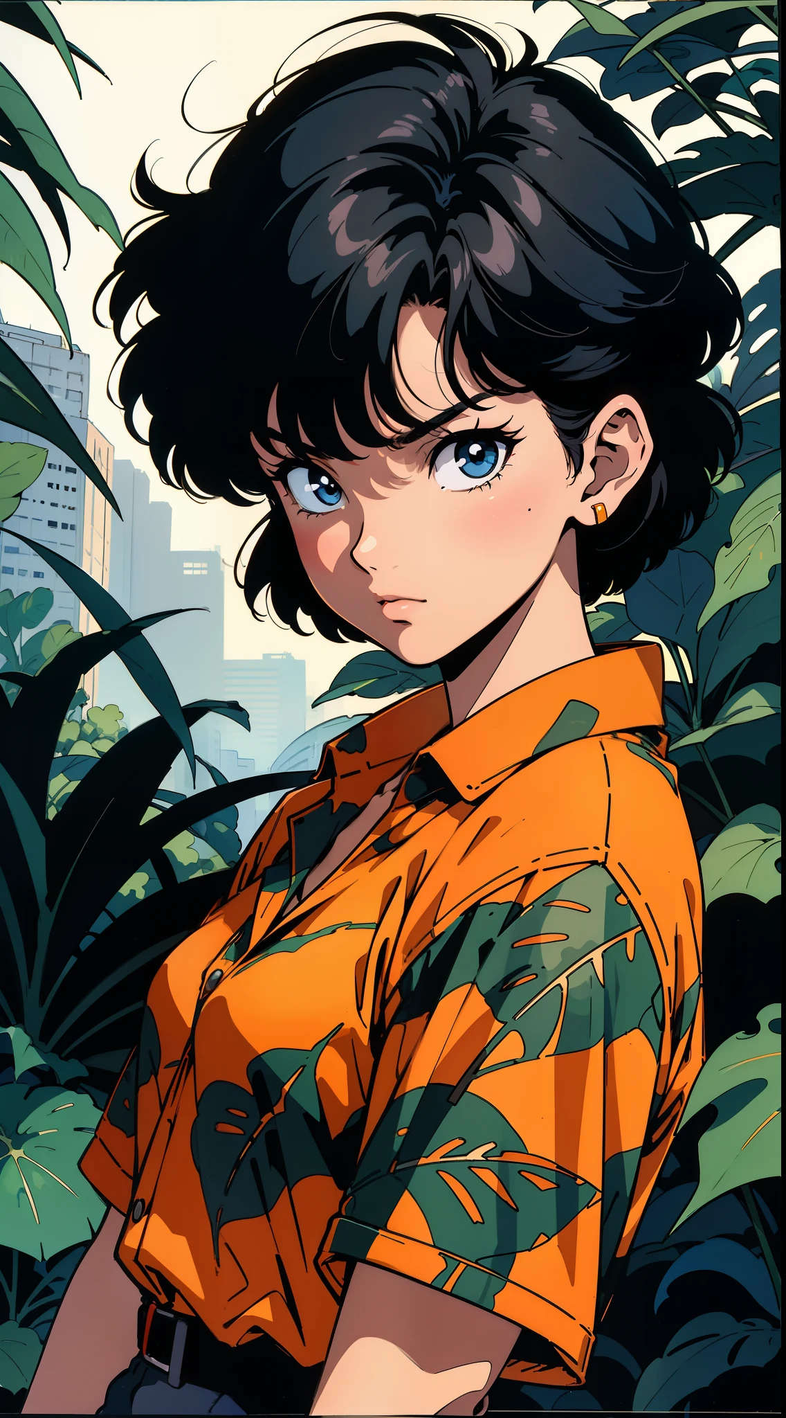 girl, black short hair, printed shirt, looking up, dark ambience, jungle, hot colors, masterpiece, cinematic angle, dynamic framing, 1990's vintage looking cel-shaded anime, by rumiko takahashi