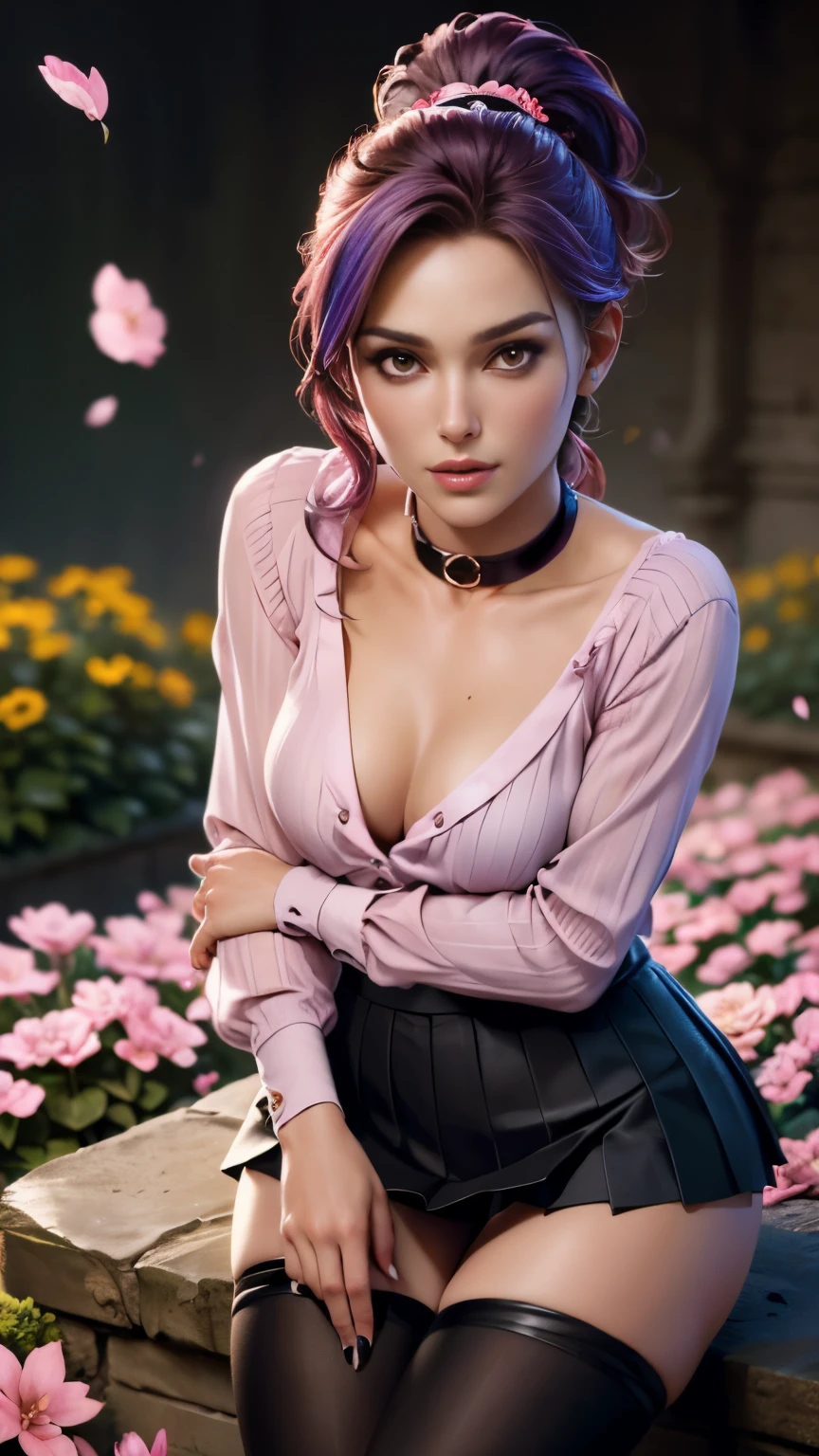 photo of celebrity, RAW, beautiful woman, ((portrait)), ((detailed face, colorful rainbow hair:1.2)), ((detailed facial feature, detailed skin, clear skin, parted lips), (perfect proportioned body, medium breasts, cleavage), (wearing tight unbuttoned blouse, choker, pleated mini skirt, thigh high stockings: 1.5)), (high detailed beautiful gardens，The garden is filled Cherry blossoms all over the ground, flowers: 1.3), (realistic photo, best quality, detailed), (8k wallpaper), (cinematic lighting, dramatic lighting) (sharp focus, intricate)