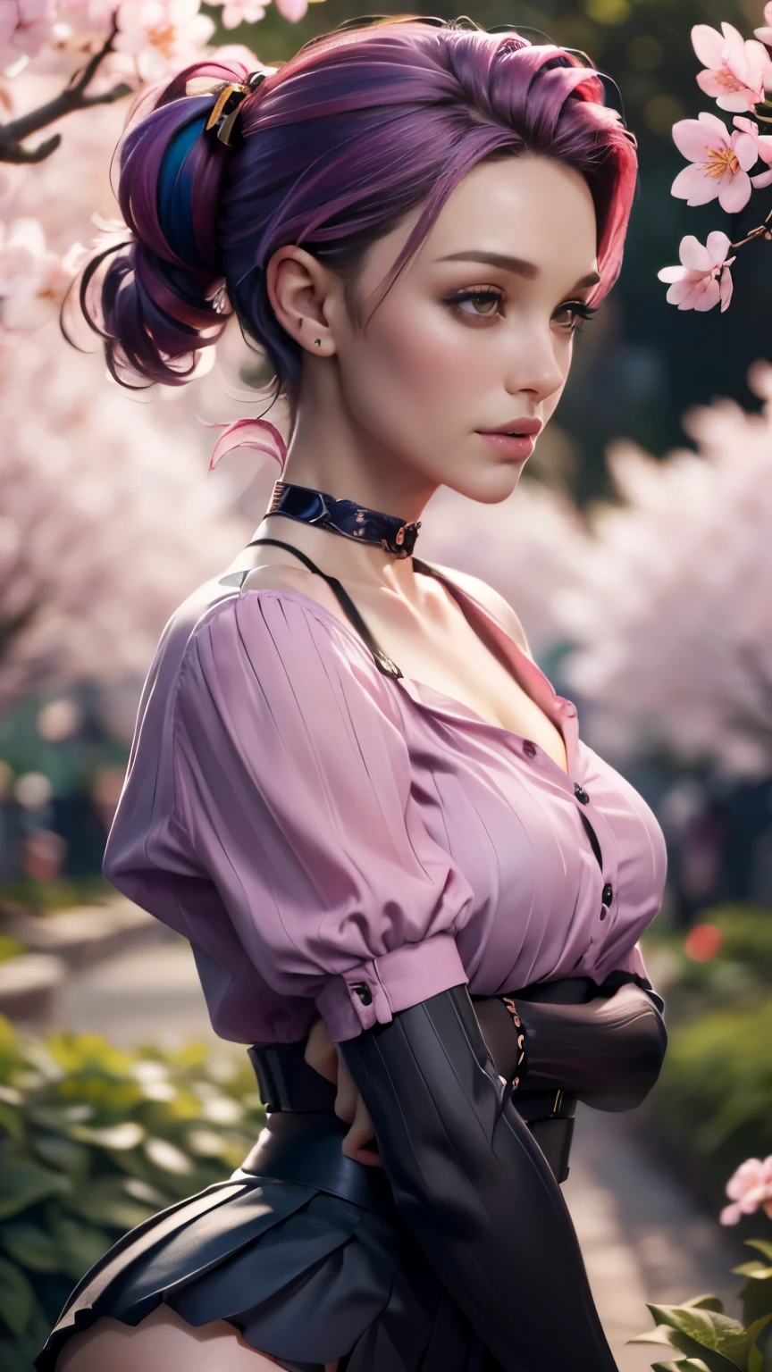 photo of celebrity, RAW, beautiful woman, ((portrait)), ((detailed face, colorful rainbow hair:1.2)), ((detailed facial feature, detailed skin, clear skin, parted lips), (perfect proportioned body, medium breasts, side boob), (wearing tight unbuttoned blouse, choker, pleated mini skirt, thigh high stockings: 1.5)), (high detailed beautiful gardens,The garden is filled Cherry blossoms all over the ground, flowers: 1.3), (side profile, looking at camera: 1.25), (, realistic photo, best quality, detailed), (8k wallpaper), (cinematic lighting, dramatic lighting) (sharp focus, intricate)