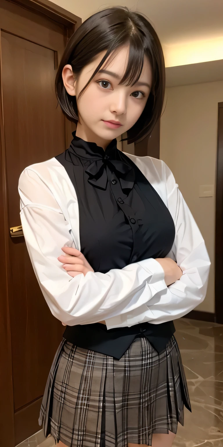 masterpiece、A woman with light brown hair is standing in a hotel lobby wearing a short pleated skirt, very sexy costume, 厳格なsuitを着ている, real anime girl, anime girl cosplay, Stylish and gorgeous cosplay, ((Very Shorthair Girl:1.4))、sexy costume, ファッションsuitを着ている, suitを着て, dressed properly, タイトなsuitを着ている, sexy look, suit, suitを着ている, suitを着ている