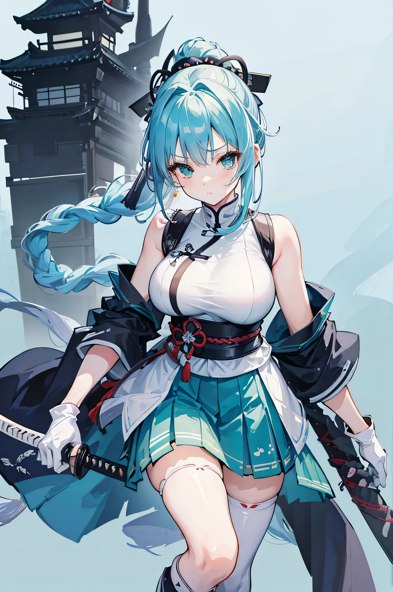 4k,High resolution,one woman,light blue hair,long ponytail,Braid,green eyes,big breasts,warrior,白色のwarriorの鎧,heavy armor,Maid clothes,No sleeve,white long gloves,white boots,black stockings,Japanese sword,medieval castle