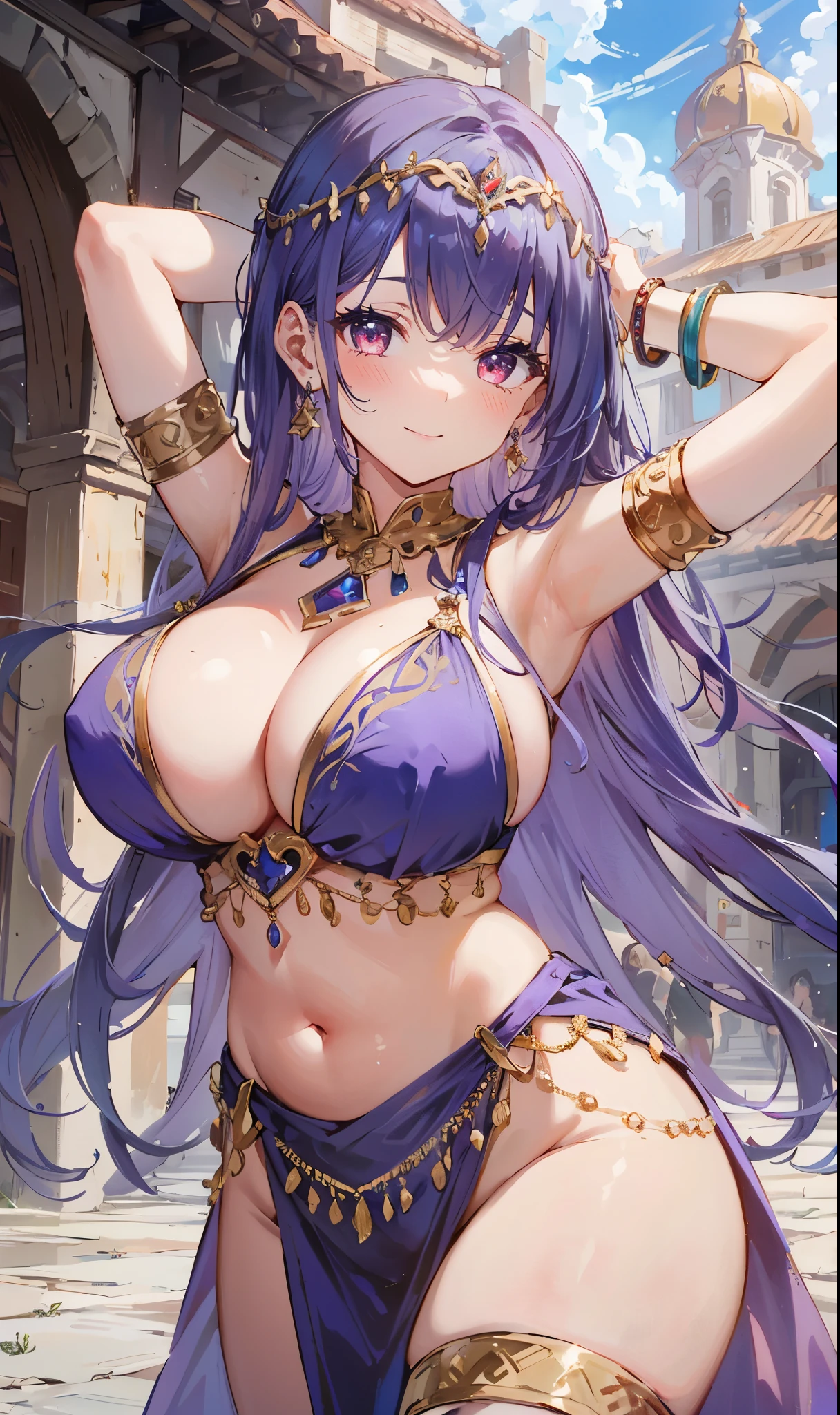 high quality, ultra detailed, best quality, insanely detailed, beautiful, masterpiece, 1girl, plaza, medieval Europe, cowboy shot, red eyes, long hair, light purple hair, (belly dancer, harem outfit, pelvic curtain:1.2), purple costume, bare legs, circlet, earrings, armlets, bracelets, bashful smile, dancing, large breasts, cleavage, soft stomach