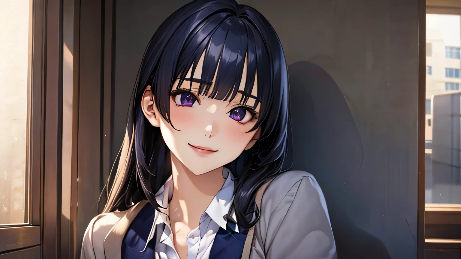 masterpiece:1.2, highest quality), (realistic, photorealistic:1.4), beautiful illustrations, (natural side lighting, movie lighting), NSFW, looking at the viewer, 1 girl, Japanese, high School girl, perfect face, Cute symmetrical face, shiny skin, (long hair:1.5, straight hair:1.4, black hair), (hair between eyes), purple eyes, Big eyes, long eyelasheedium breasts), thin, beautiful hair, beautiful face, fine and beautiful eyes, beautiful clavicle, beautiful body, beautiful breasts, beautiful thighs, beautiful feet, beautiful fingers, ((private high School uniform, School jacket, white collared shirt, Navy pleated mini skirt), navy them), (beautiful scenery), evening, (School),, Are standing, (cute smile, upper grade),
