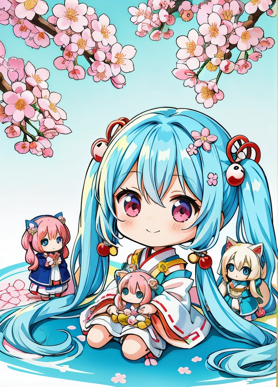 light blue long hair、Cute chibi character with twin tails、Doll&#39;s Festival　Hina doll tiered decoration　White cherry blossom pattern Japanese clothes　cute smile　Cherry Blossom　Also with a cute cat