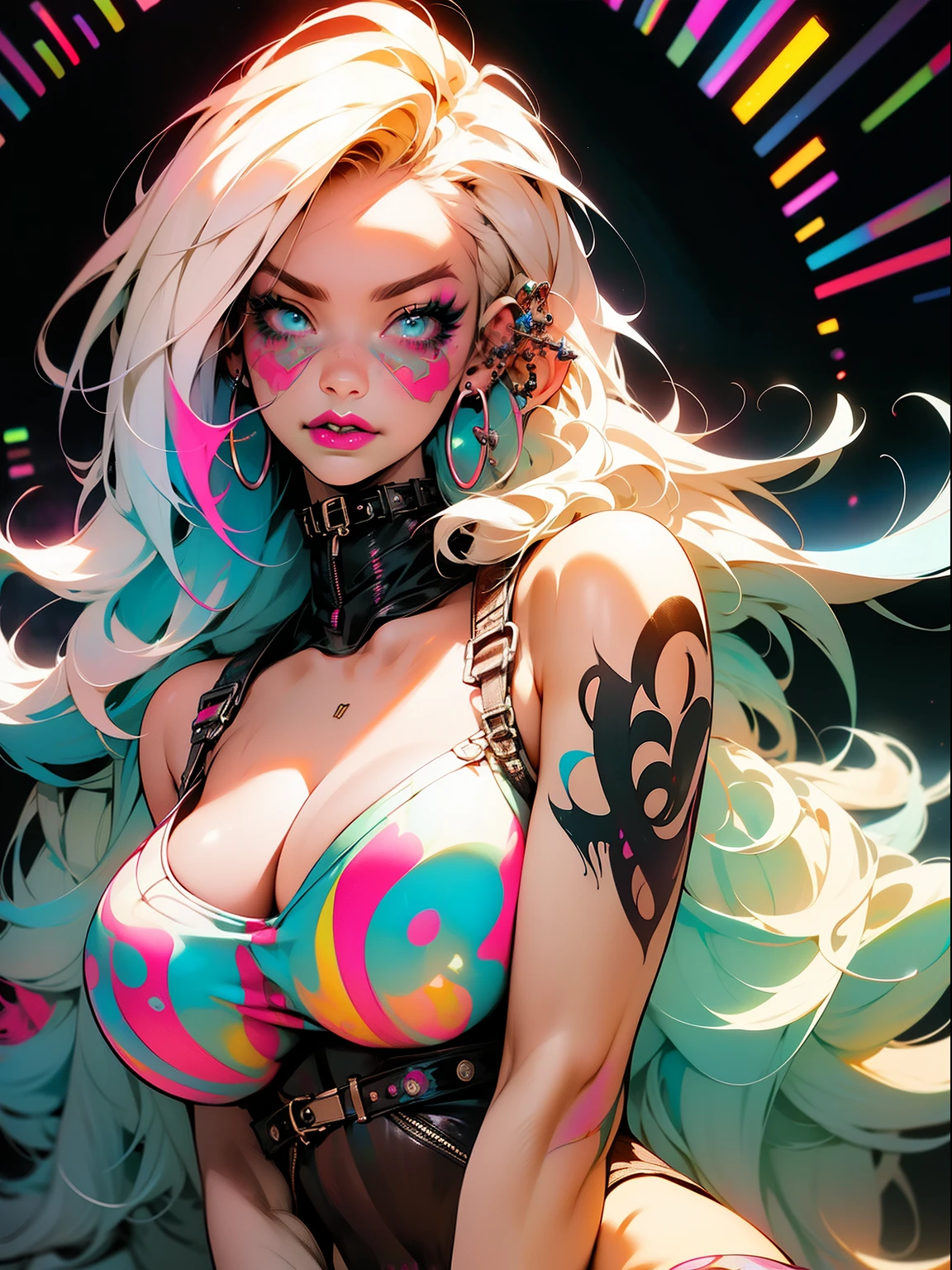 (masterpiece, top quality, best quality, official art, beautiful, cosmic, atmospheric, psychedelic, dreamlike and aesthetic, swirling psychedelic cosmic graffiti patterns:1.2), (1girl), extreme detailed,(fractal art:1.3),colorful,highest detailed, "(Best Quality, 8K, 32K, masutepiece:1.3), Ultra-detailed, (Photorealistic:1.4), pink and white colors, perfect color scheme, albino, Punk rock Girl, Detailed moonlight eyes, full body portrait, Luxurious neon white punk hair, Edgy Harajuku-inspired punk rock fashion, super huge enormously gigantic tits, cleavage showing, Avant-garde makeup, Numerous piercings, Heavily tattooed body, swirling psychedelic cosmic dreamlike graffiti pattern background 