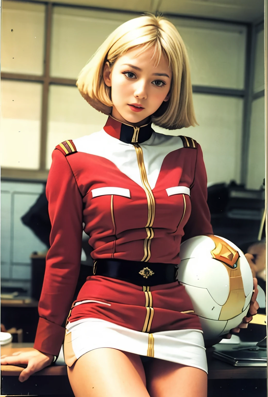 real photos、Highest image quality、real image、federal army uniform、Frau Bow、cute girl、18-year-old、(white panties:1.3)、super mini skirt、beautiful thighs、white panties、赤いミニスカートがめくれてwhite pantiesが見えてる