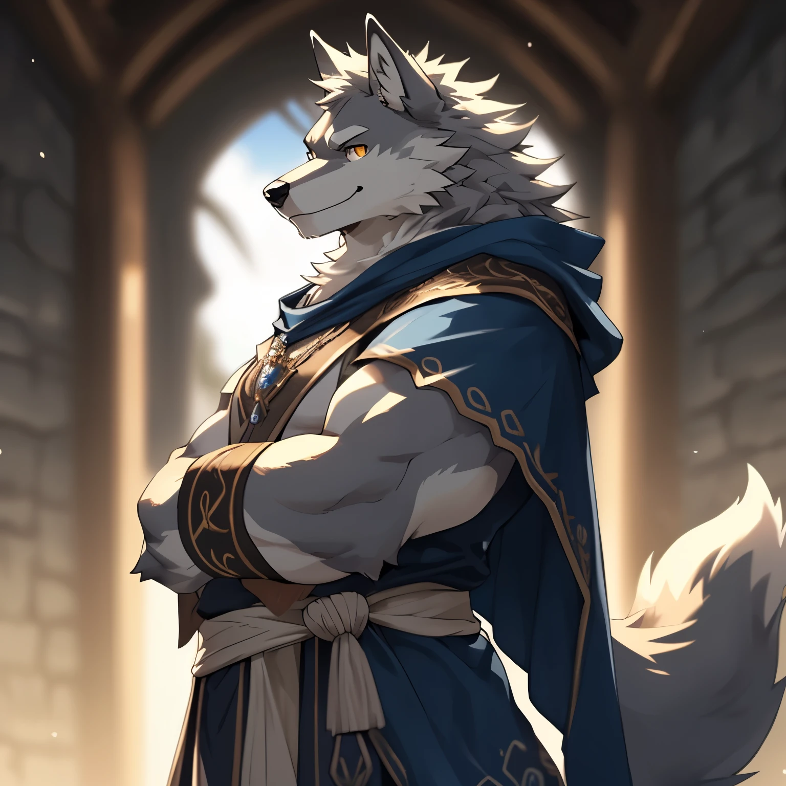 a scene in, depth of field, motion blur, Ridiculous, looking at the audience, (best quality), (masterpiece), (Super detailed), sharp focus, Negi, eyes, golden eyes, hairy, alone, Will have white fur, , Profile picture, arms crossed, blink, Smile, Humanity (Wolf), male, (Wolf), youth, fat, Mage Clothing, Long gray cloak, Super detailed face