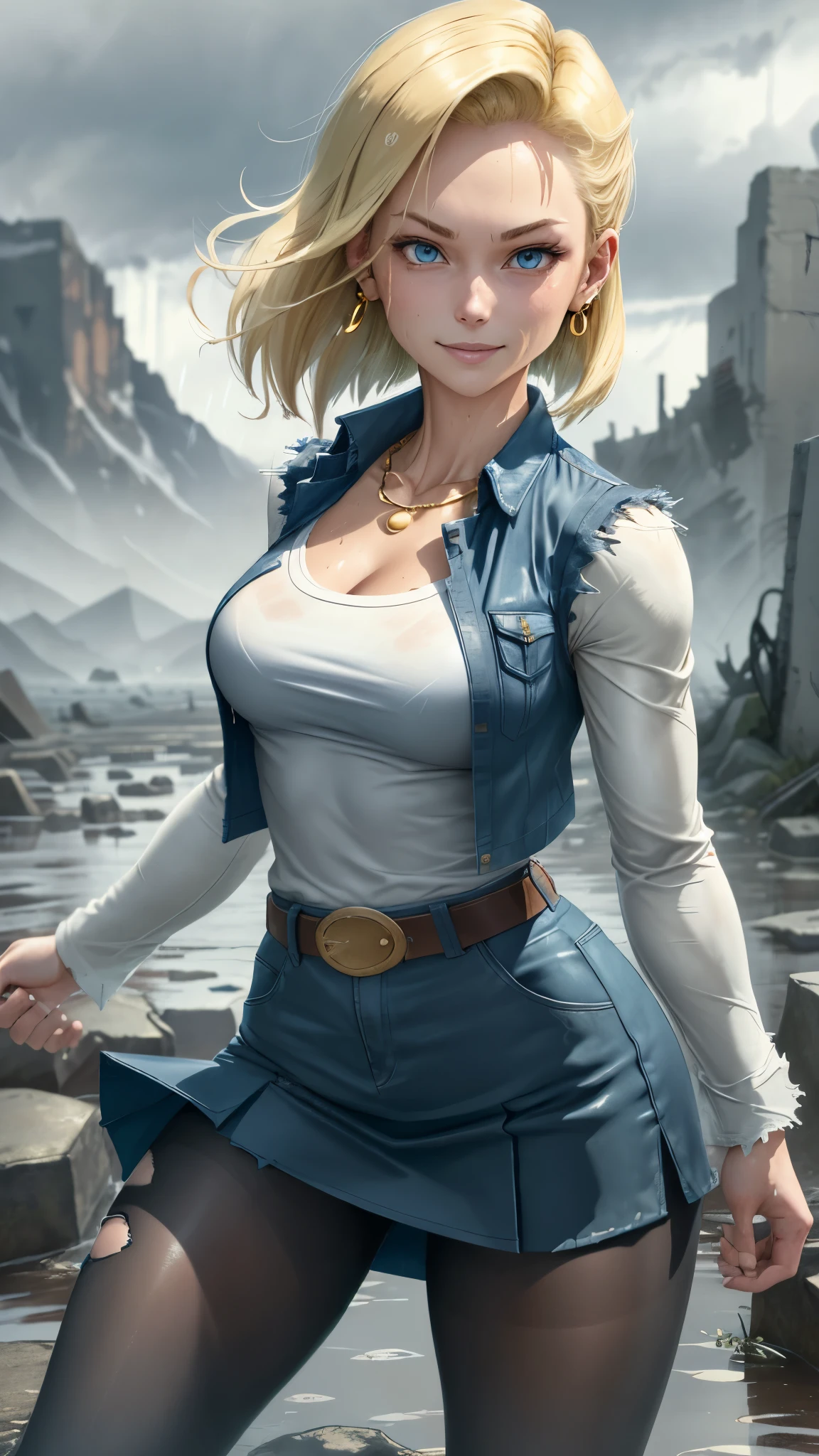 best quality, highres, and18, 1girl, android 18, solo, blonde hair, blue eyes, belt, tight blue demin skirt, gold necklace, closed fists, black shirt, short hair, long sleeves, earrings, open vest, denim vest, medium breasts, cowboy shot, mountains, straight-on, (weather: raining and windy), wet clothes, fierce smile, combat stance, full length pantyhose, battle ruins, wide hips, thick legs, wet shirt, floating, torn clothes,