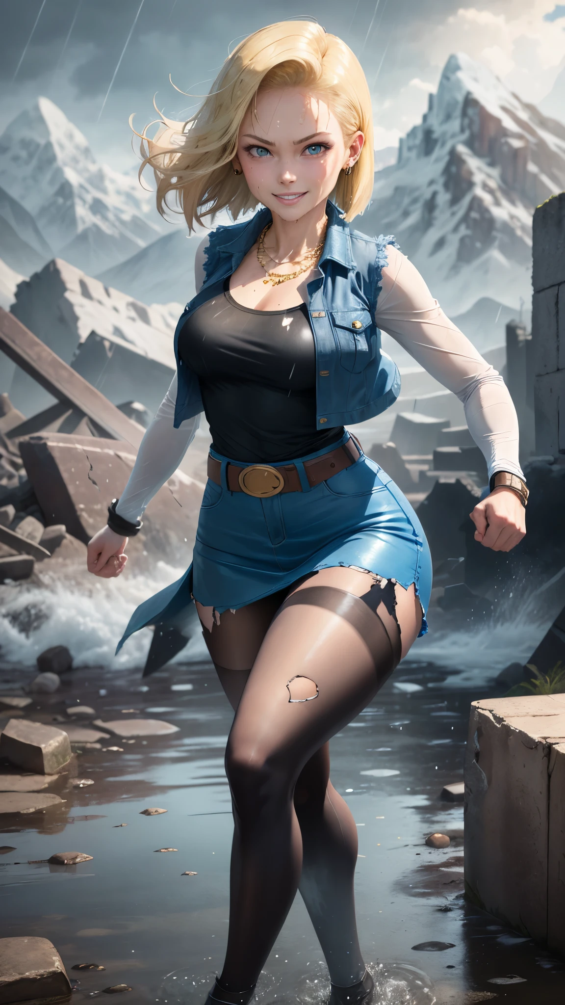 best quality, highres, and18, 1girl, android 18, solo, blonde hair, blue eyes, belt, tight blue demin skirt, gold necklace, closed fists, black shirt, short hair, long sleeves, earrings, open vest, denim vest, medium breasts, cowboy shot, mountains, straight-on, (weather: raining and windy), wet clothes, fierce smile, combat stance, full length pantyhose, battle ruins, wide hips, thick legs, wet shirt, floating, torn clothes,